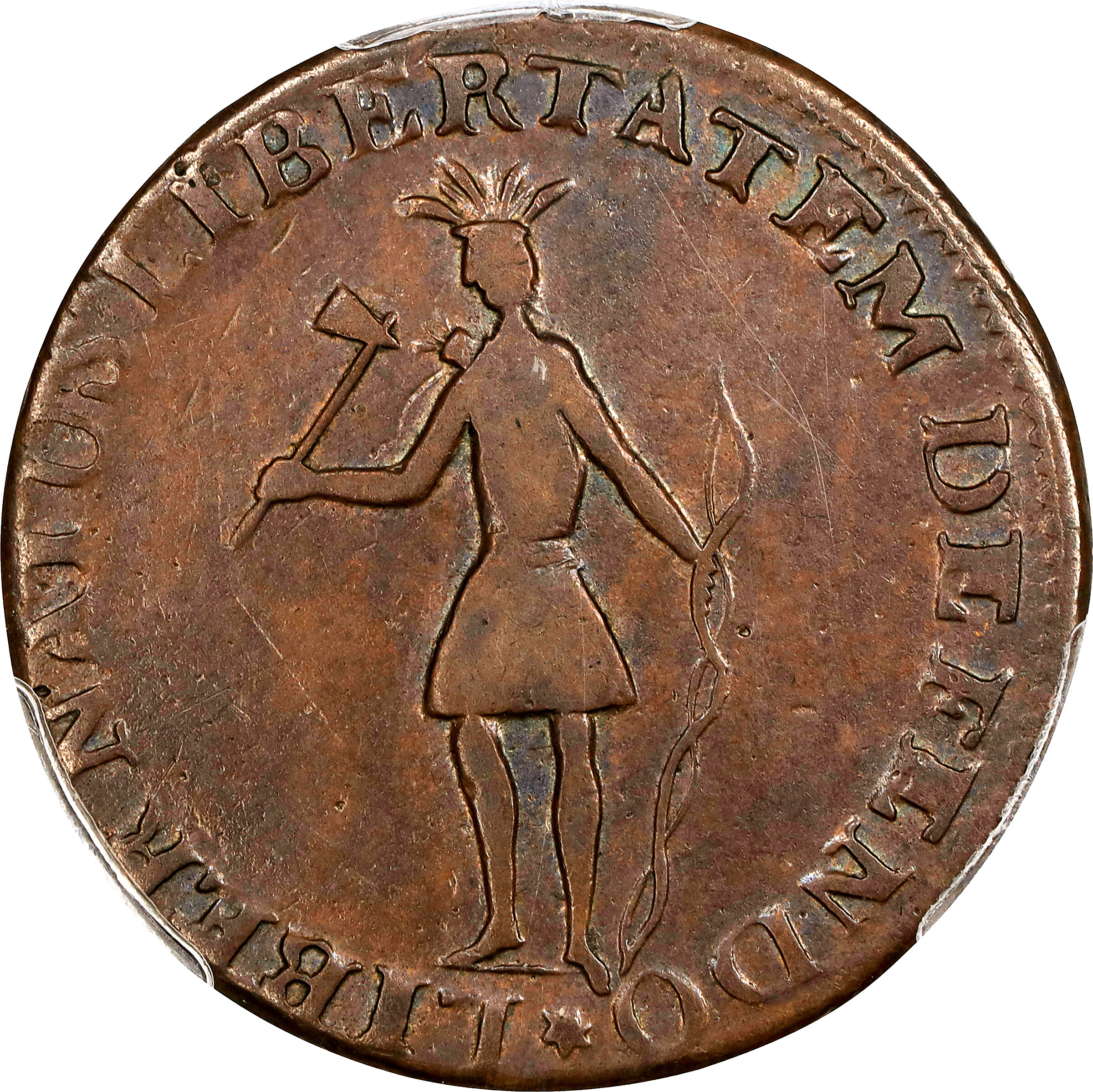 1787 New York Excelsior Copper. W-5795, Breen-990. Rarity-6+. Standing Indian / New York Arms. VF-30 (PCGS).