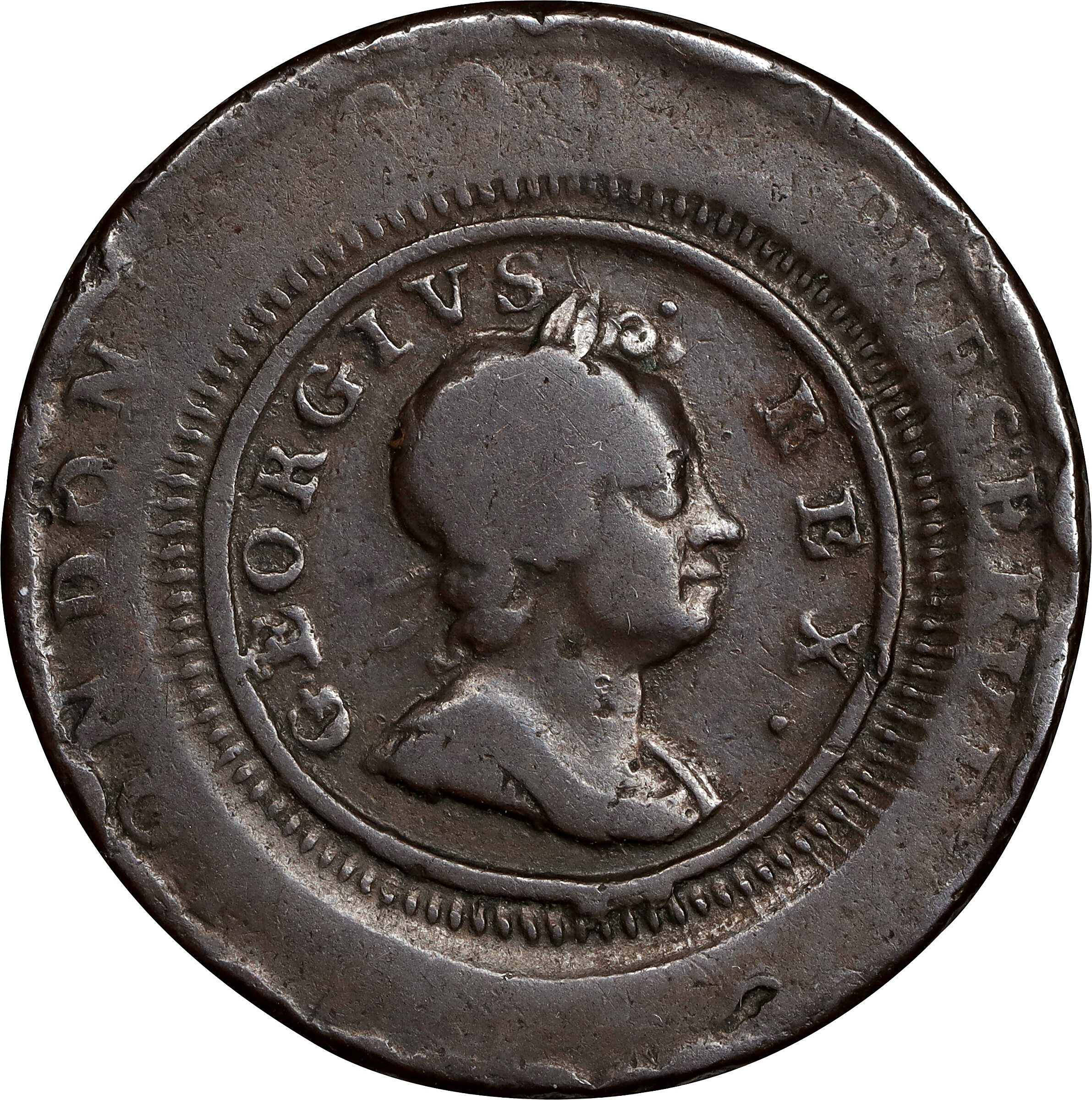 1717 English Farthing Overstruck on Undated (ca. 1694) London Elephant Token. Thick planchet. Hodder 2-B, W-12040, Peck-784. Fine-15 (PCGS).