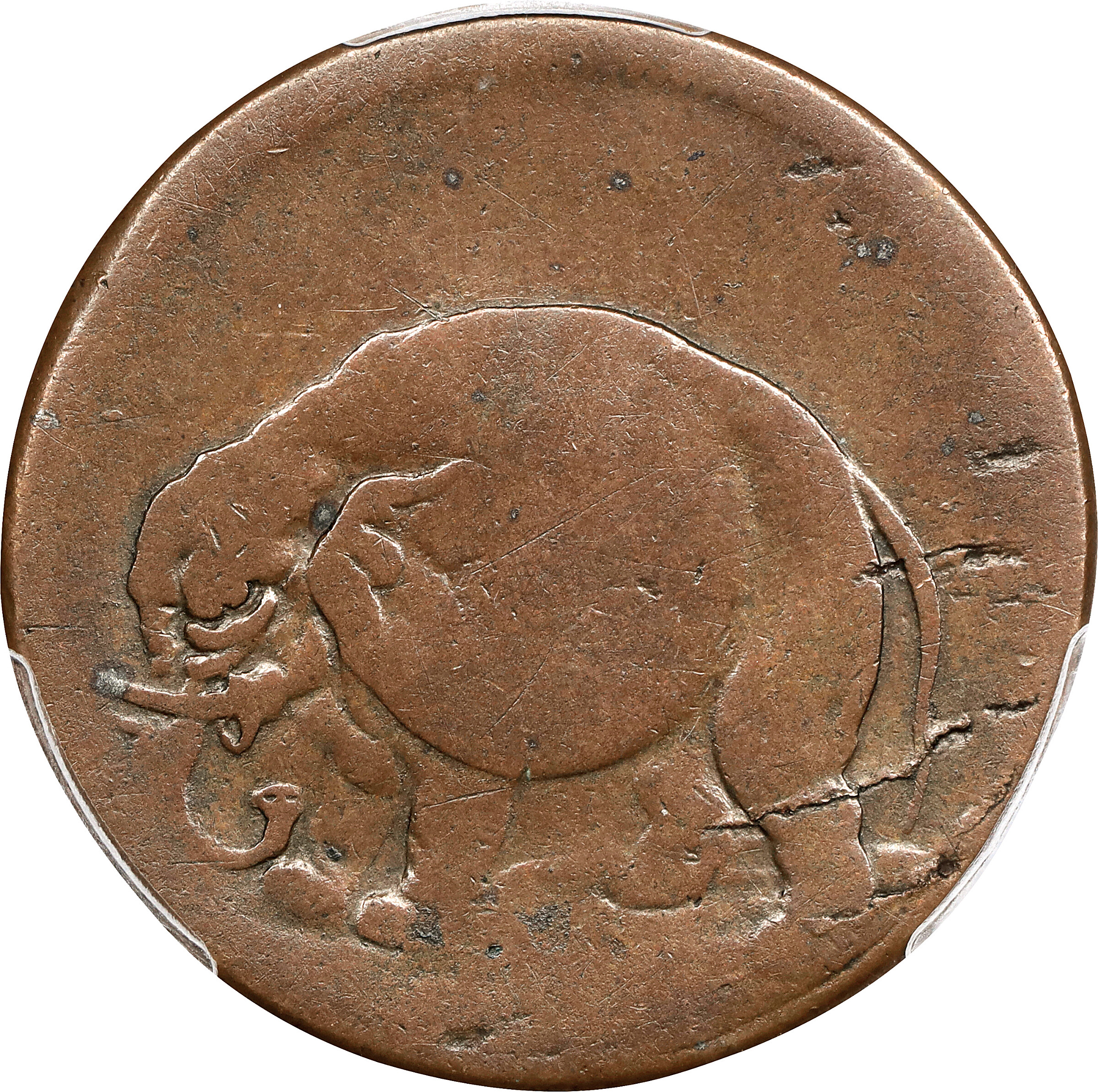 1694 New England Elephant Token. Hodder 2-G, W-12140, Breen-197, Betts-80. Rarity-8-. VG-8 (PCGS).