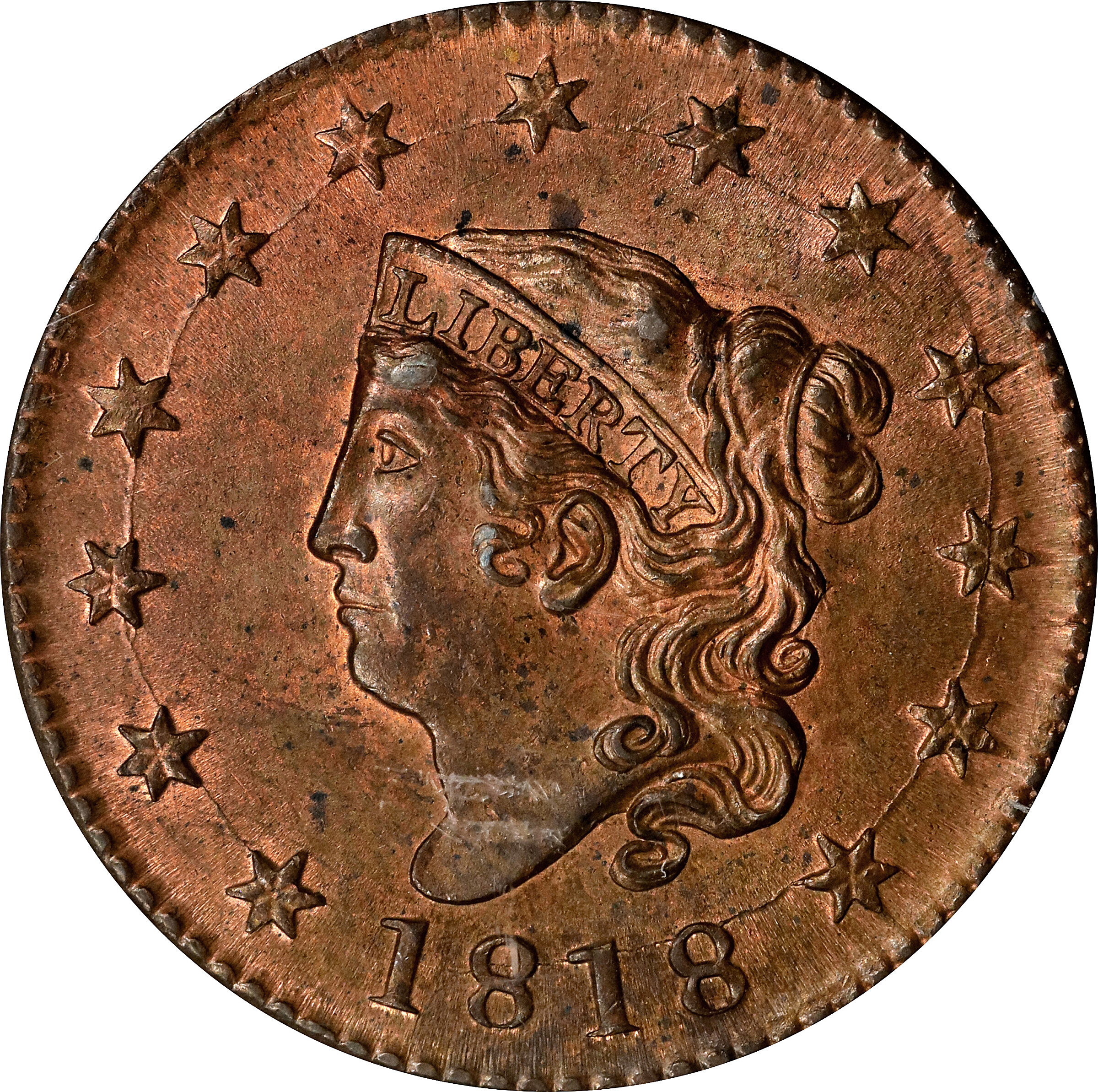 1818 Matron Head Cent. N-10. Rarity-1. MS-64 RB (PCGS). OGH Rattler.