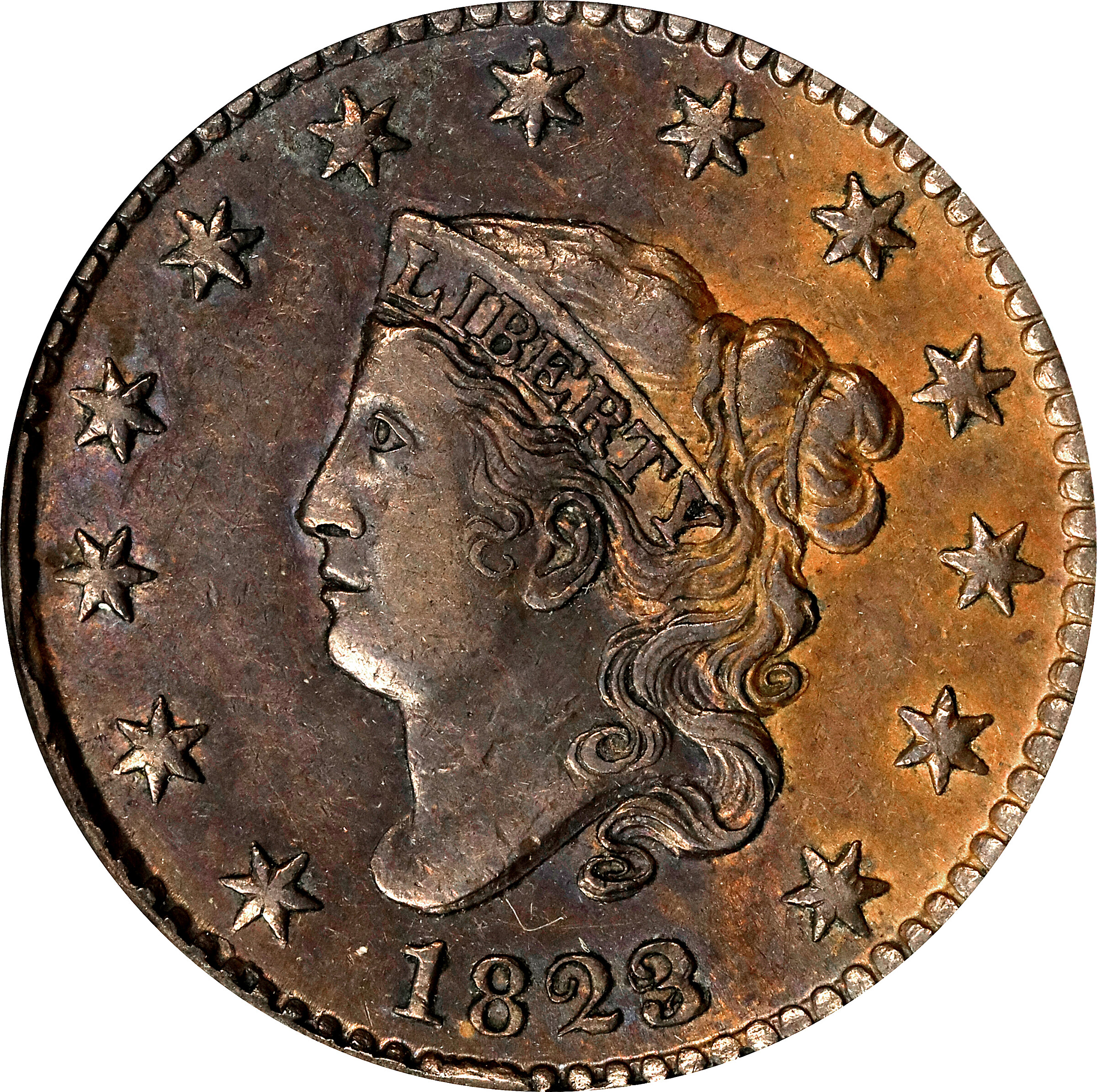 1823/2 Matron Head Cent. N-1. Rarity-2. EF-45 (PCGS). OGH.