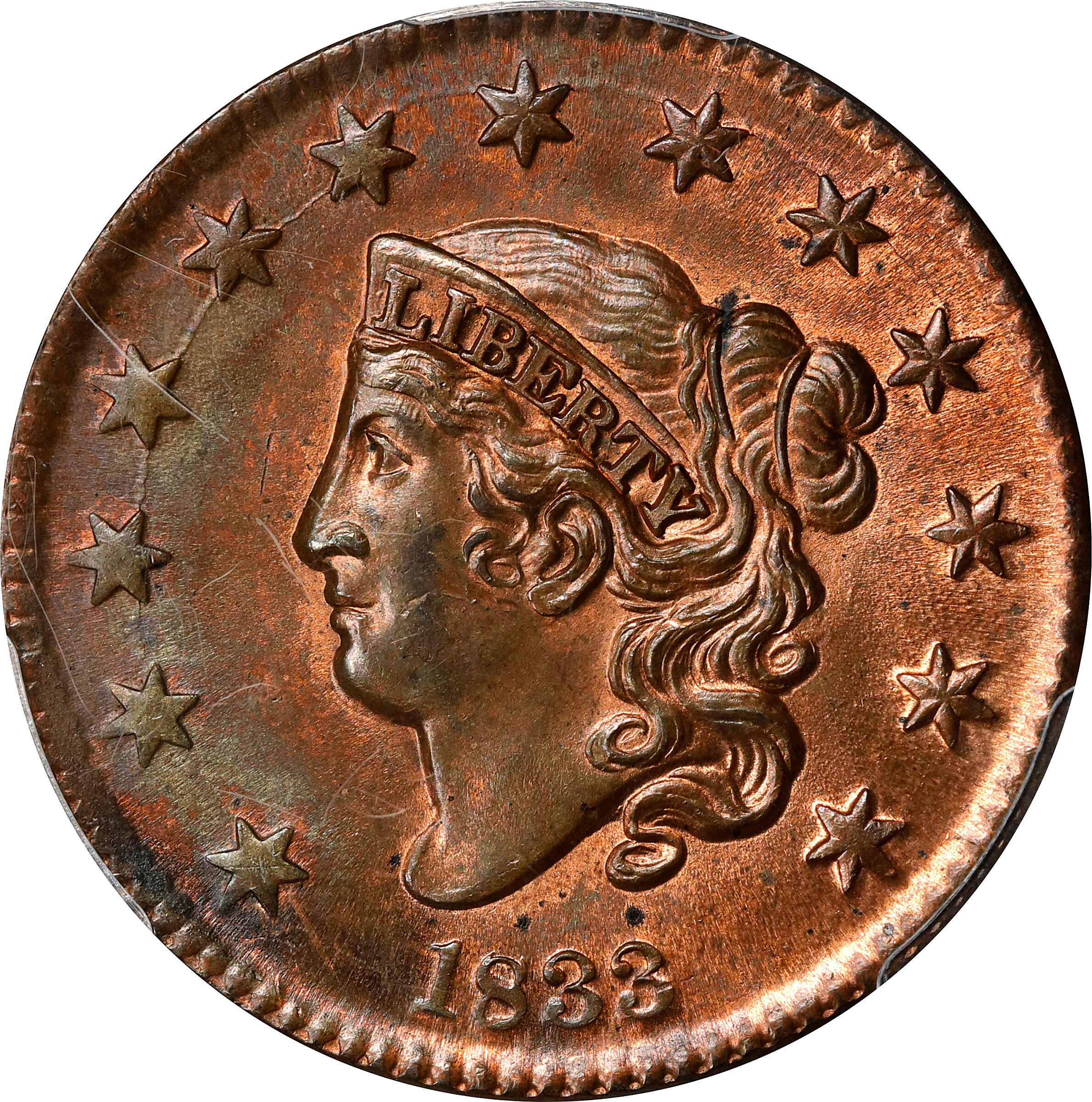 1833 Matron Head Cent. N-5. Rarity-1. MS-64 RB (PCGS).