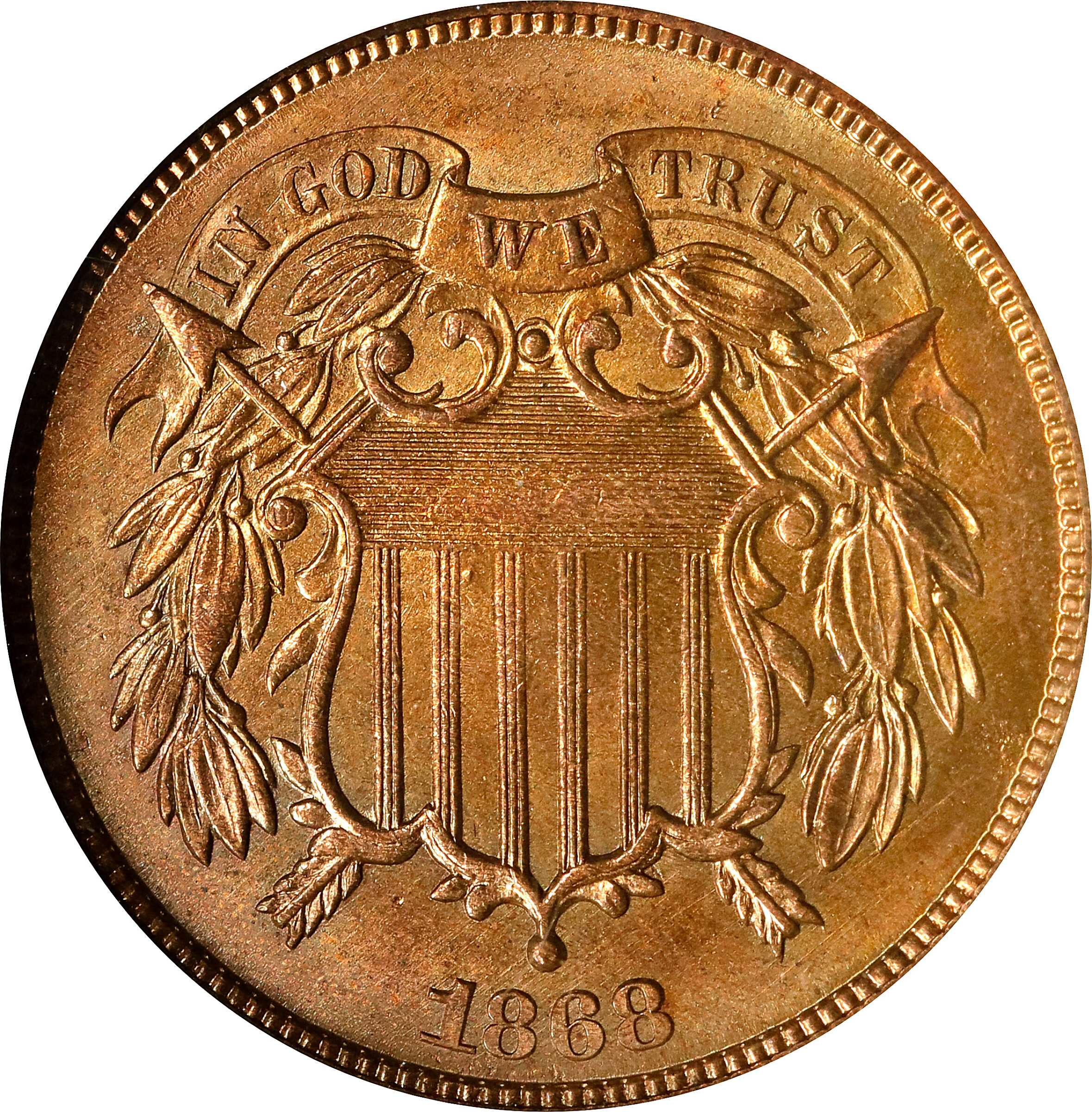 1868 Two-Cent Piece. MS-66 RD (NGC). OH.