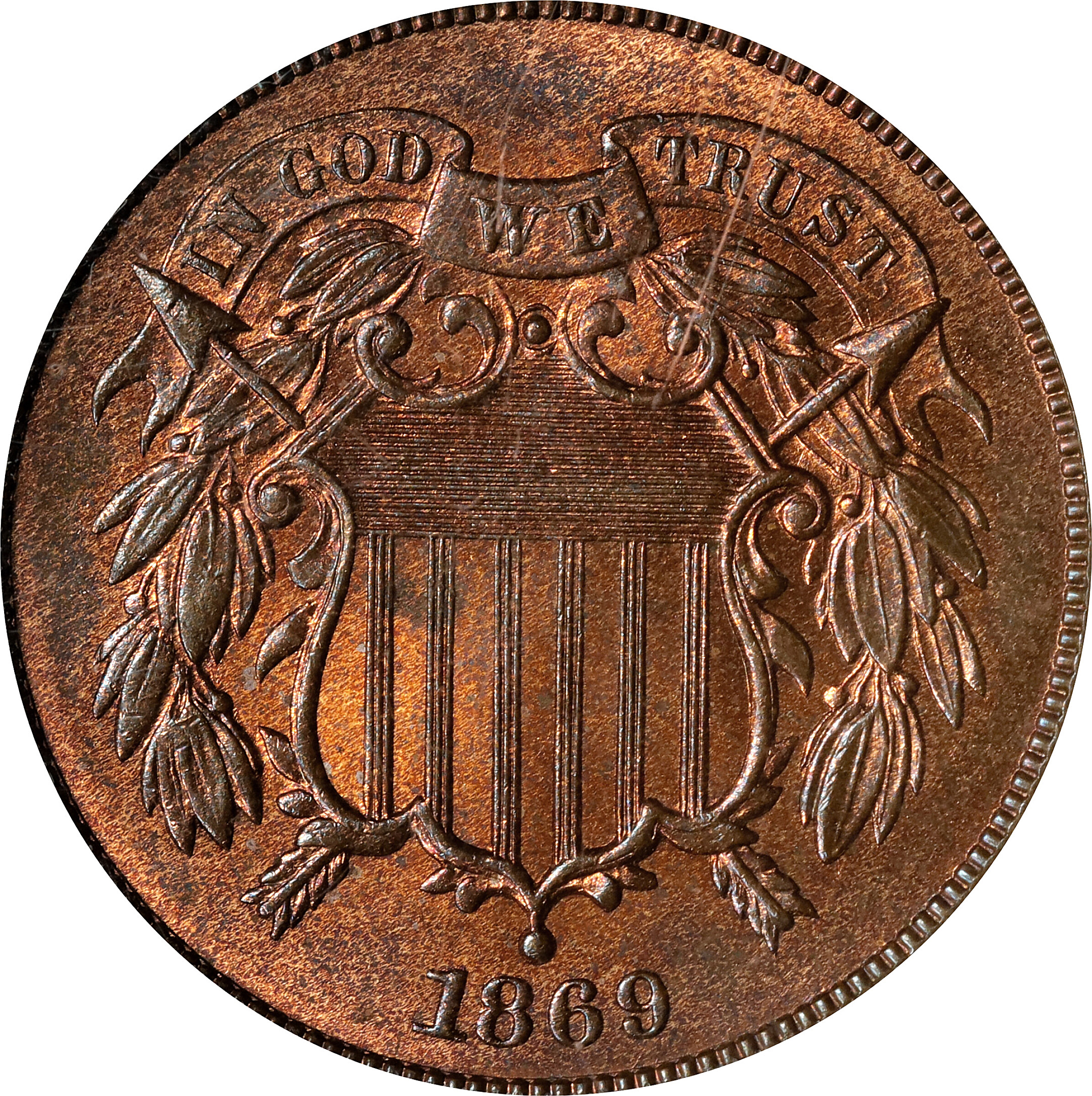 1869 Two-Cent Piece. MS-64 RD (PCGS). OGH.