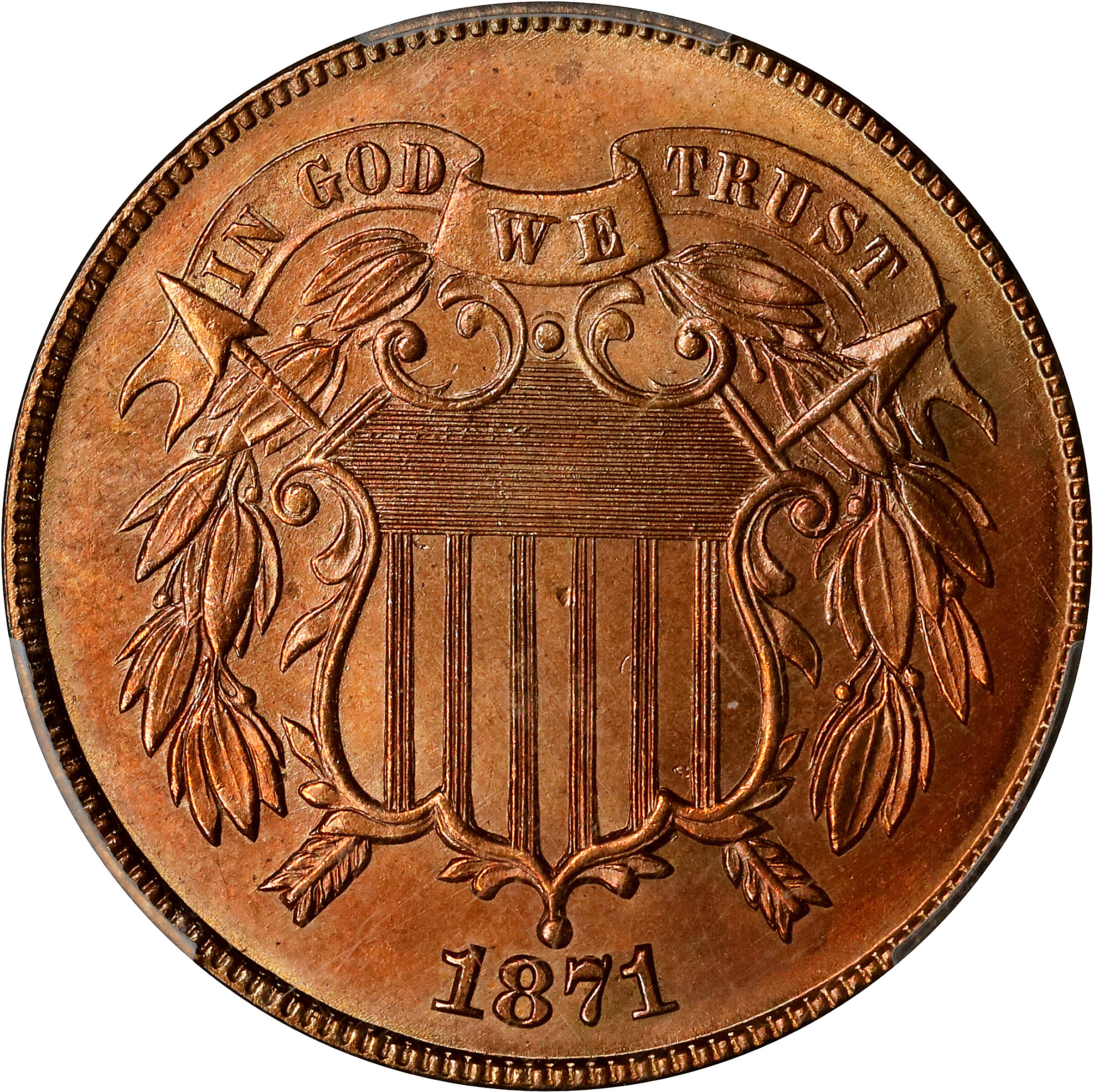 1871 Two-Cent Piece. MS-65+ RD (PCGS). CAC.
