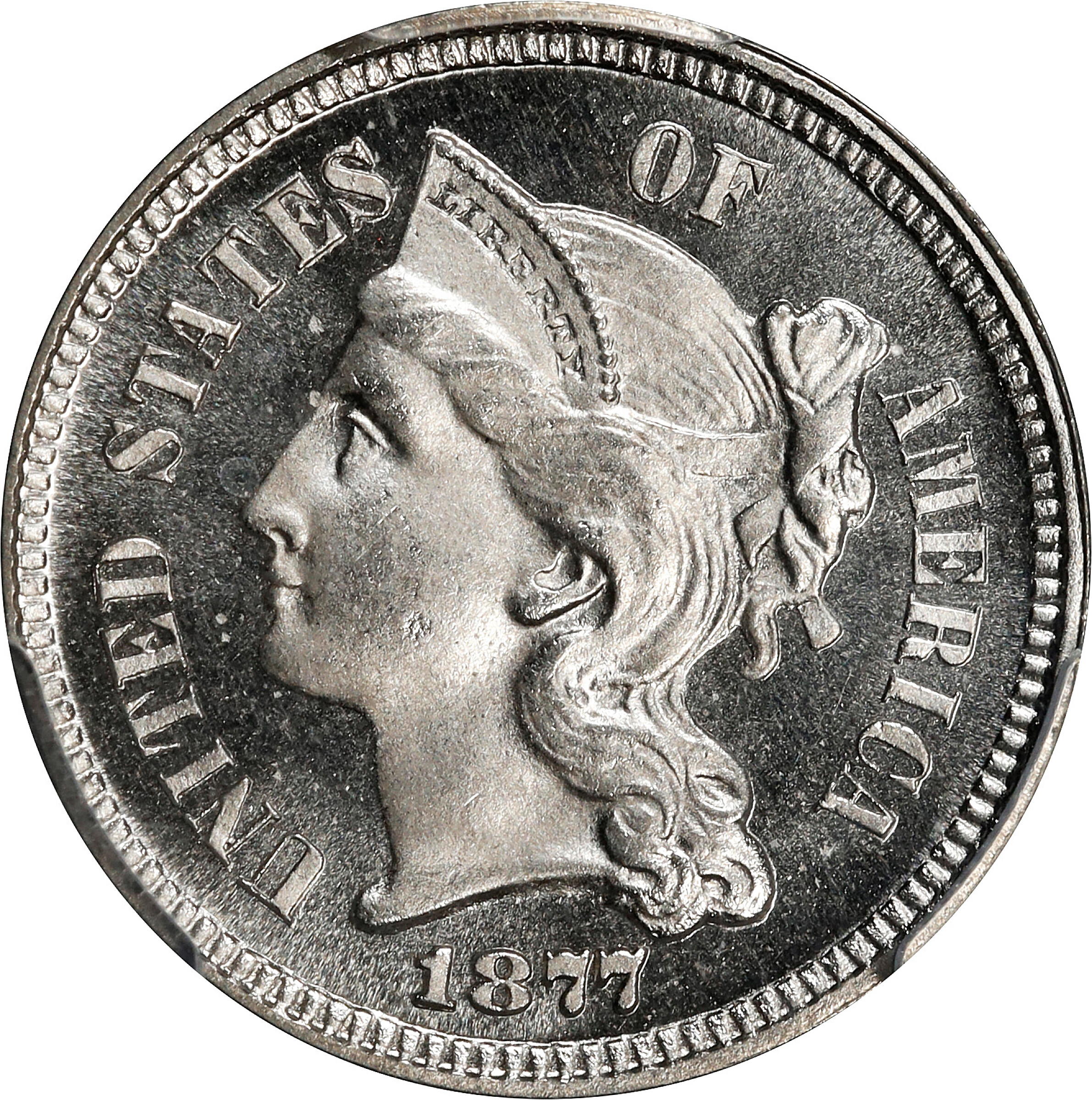 1877 Nickel Three-Cent Piece. Proof-66 Cameo (PCGS). CAC.
