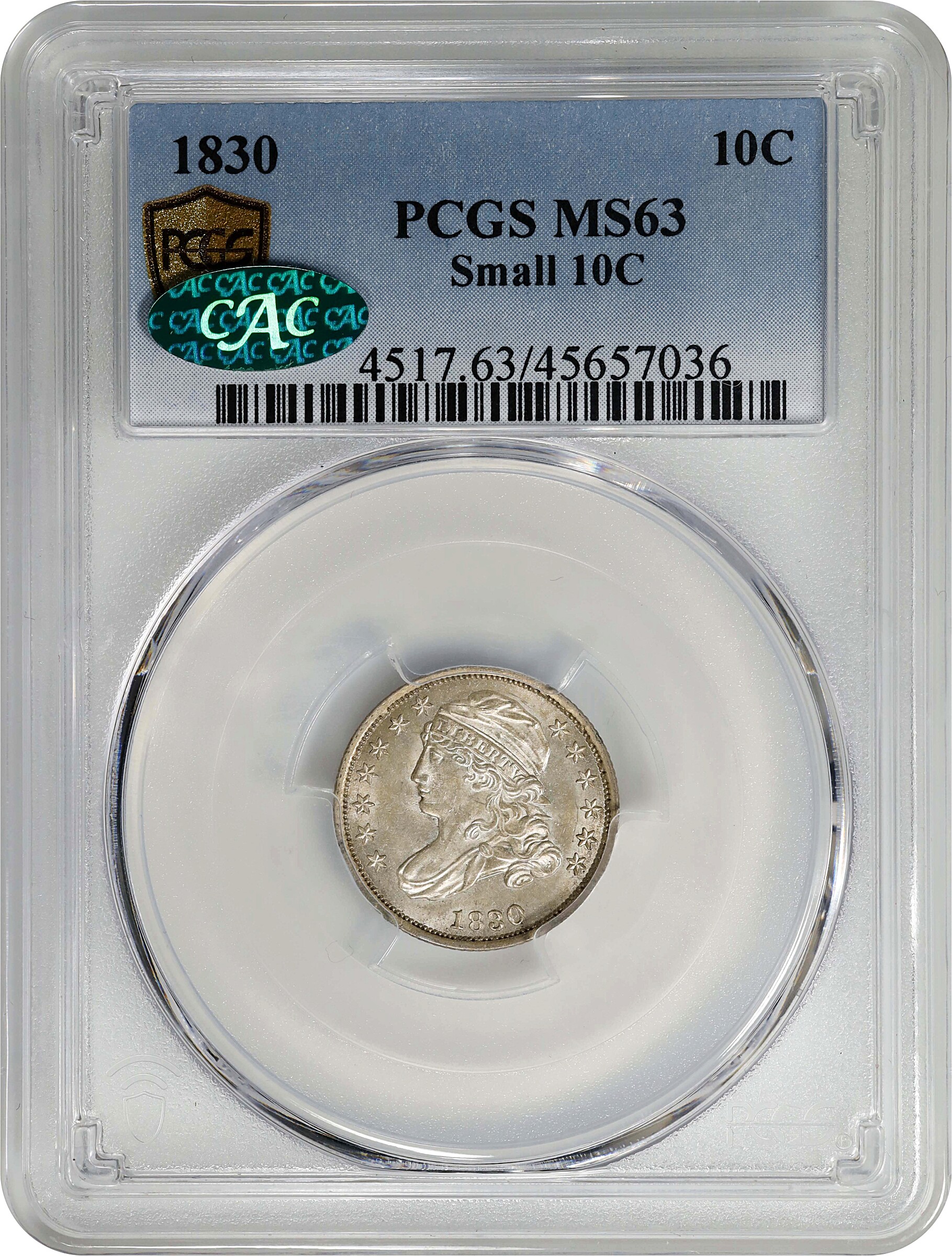 1830 10c Small 10C MS63 CAC thumbnail 3