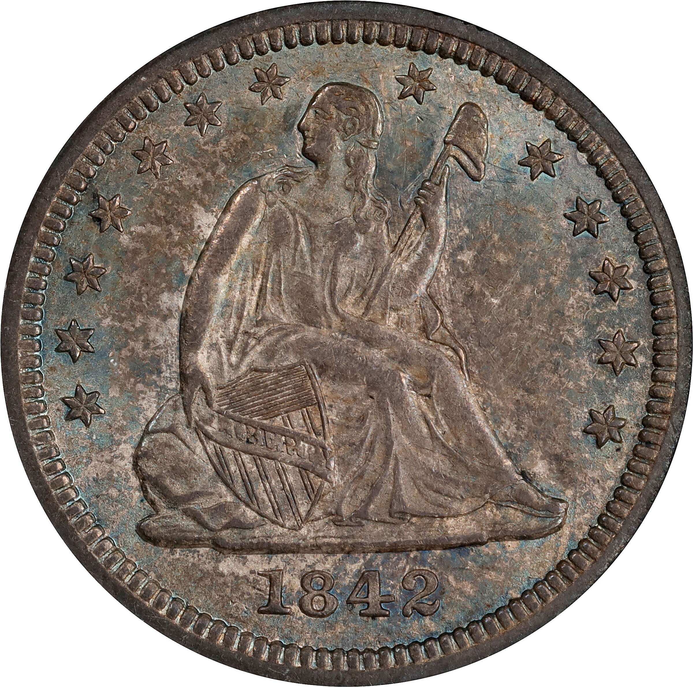 1842-O Liberty Seated Quarter. Large Date. Briggs 2-B. Repunched Date. MS-62 (NGC).