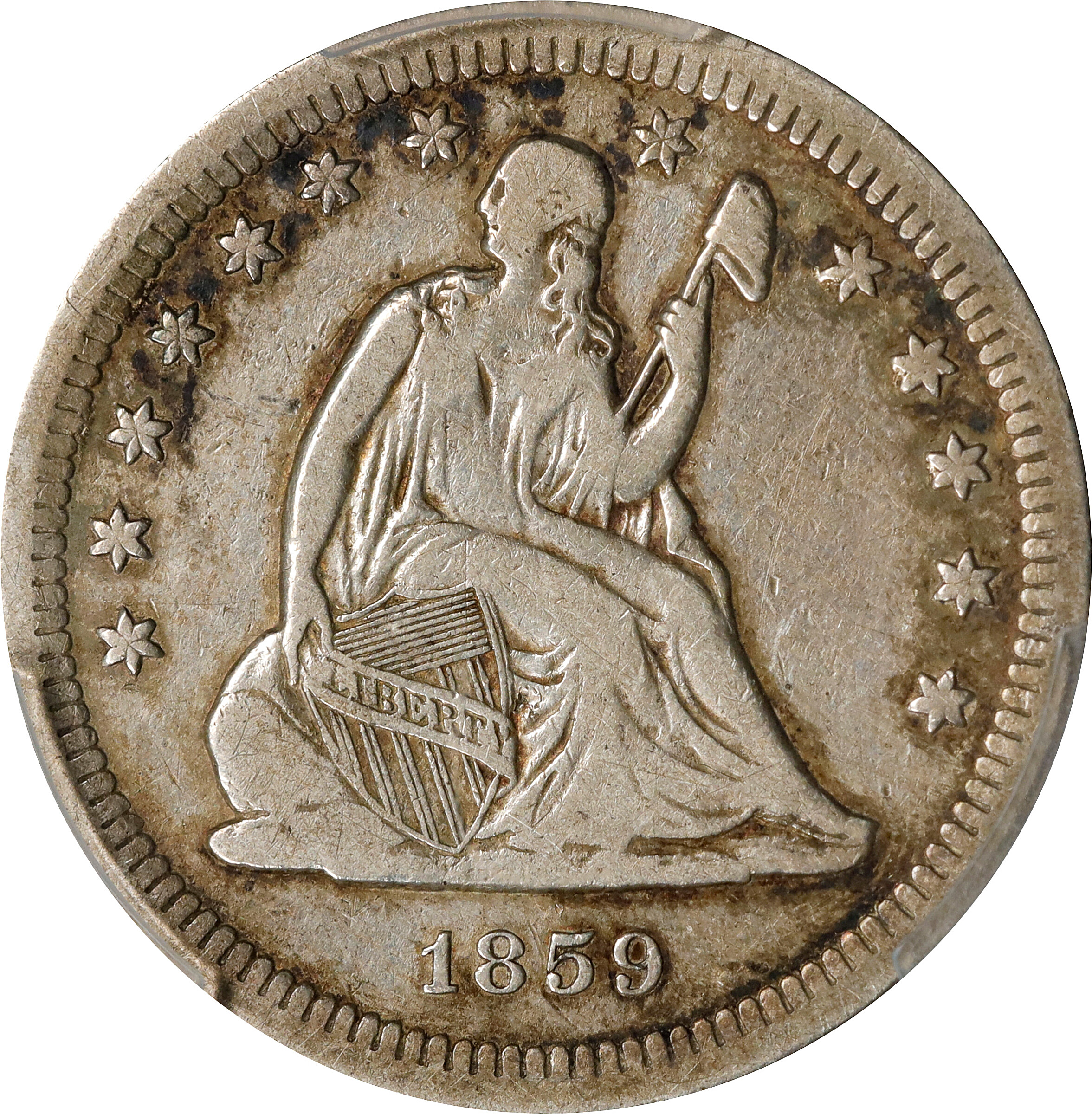 1859-S Liberty Seated Quarter. Briggs 1-A, the only known dies. VF-25 (PCGS).