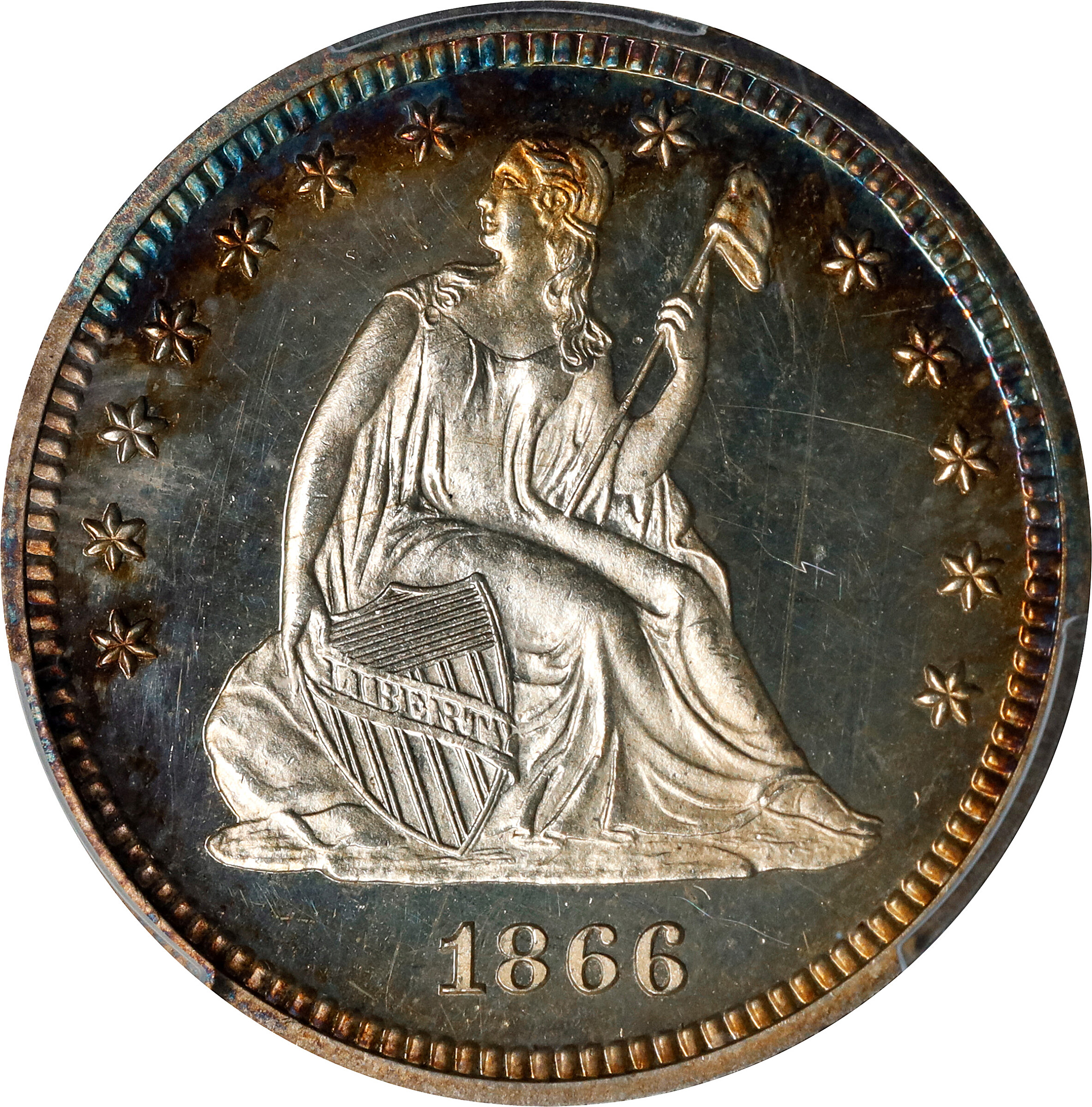 1866 Liberty Seated Quarter. Motto. Proof-64 Cameo (PCGS). CAC.