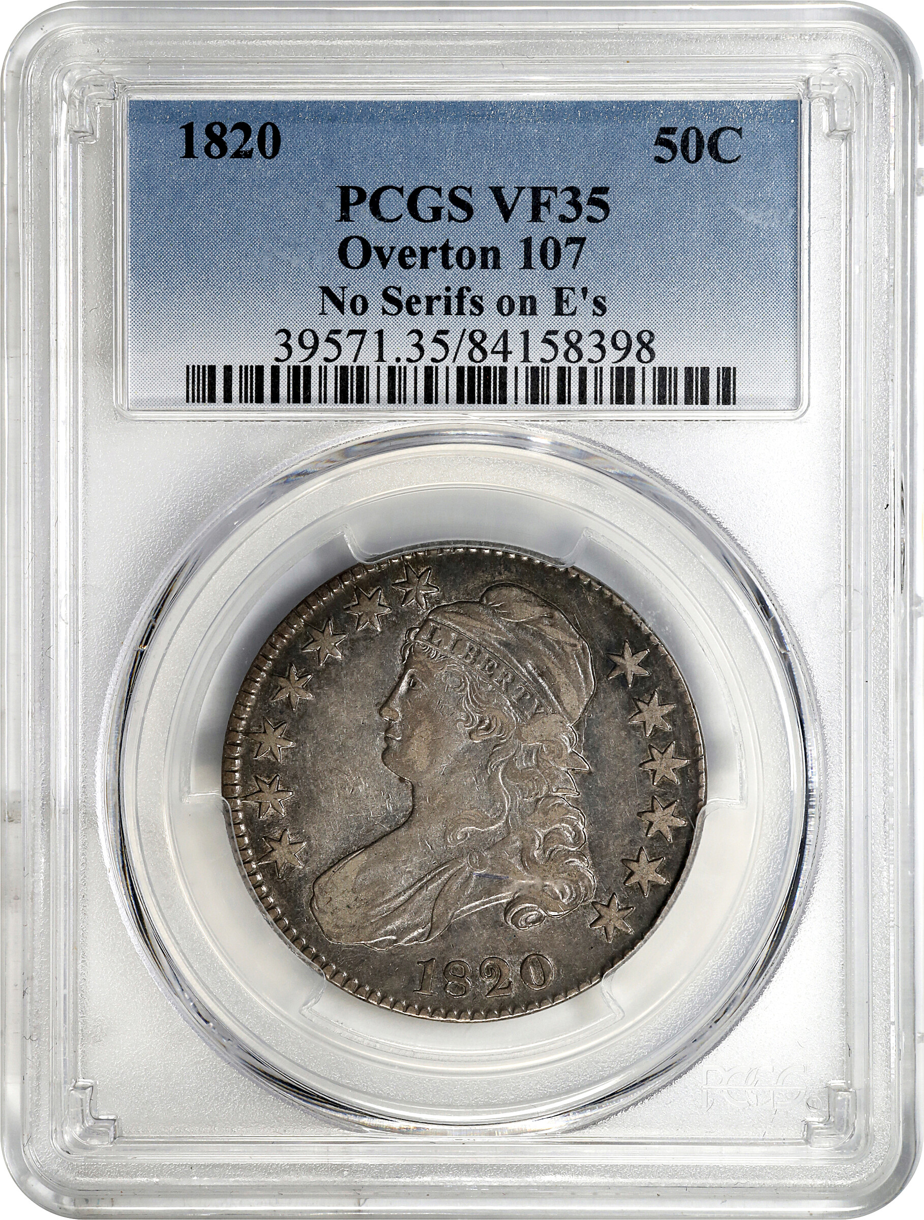 1820 50c No Serif on E's, O-107 VF35 CAC thumbnail 3