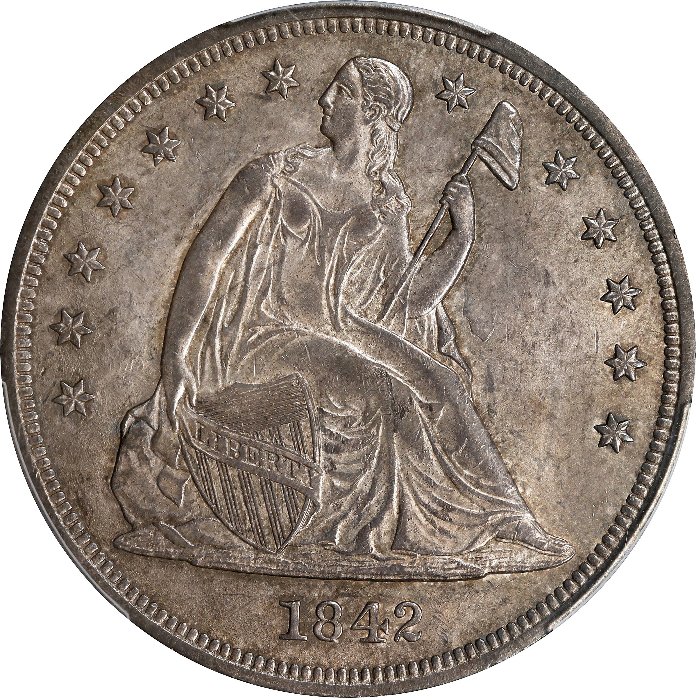 1842 Liberty Seated Silver Dollar. OC-2. Rarity-1. MS-63 (PCGS).