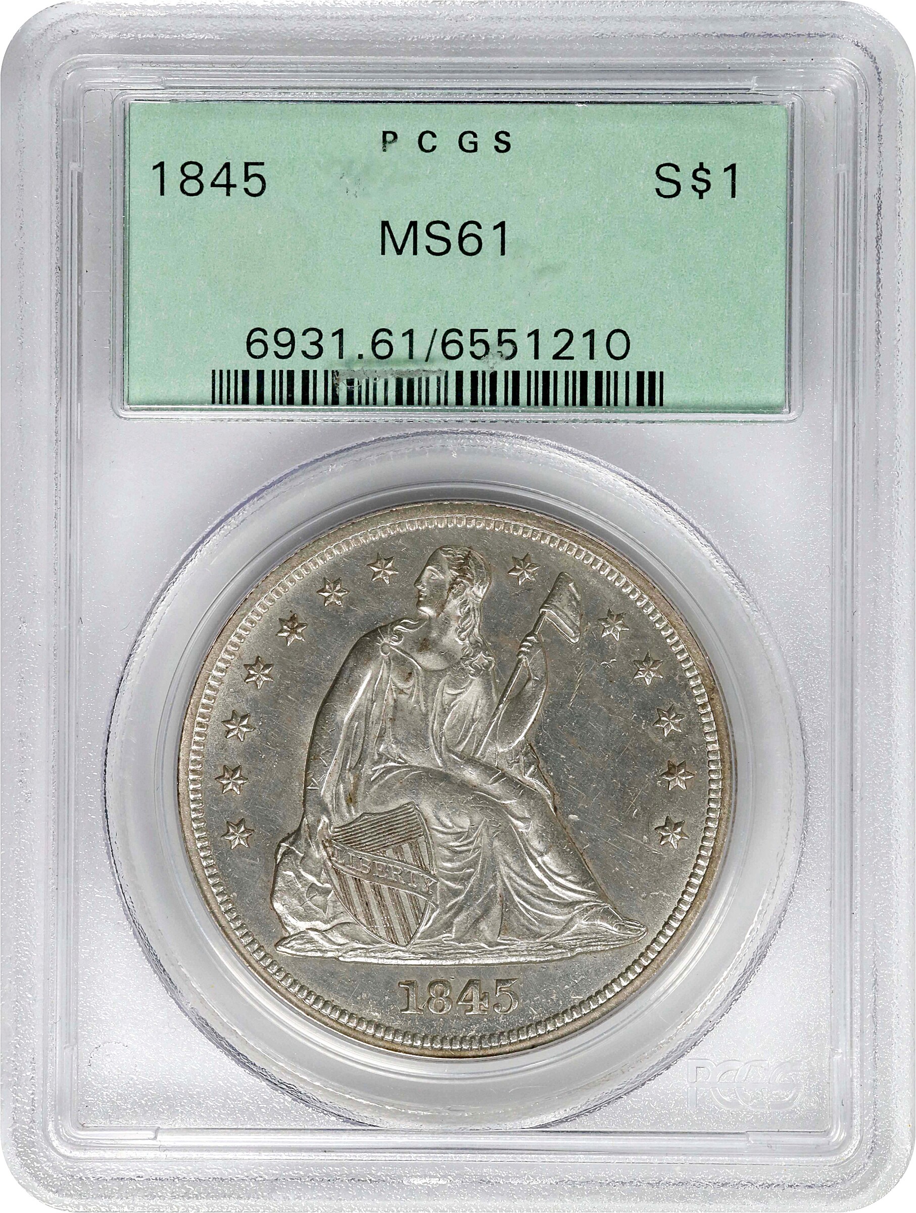 1845 $1 MS61 CAC thumbnail 3
