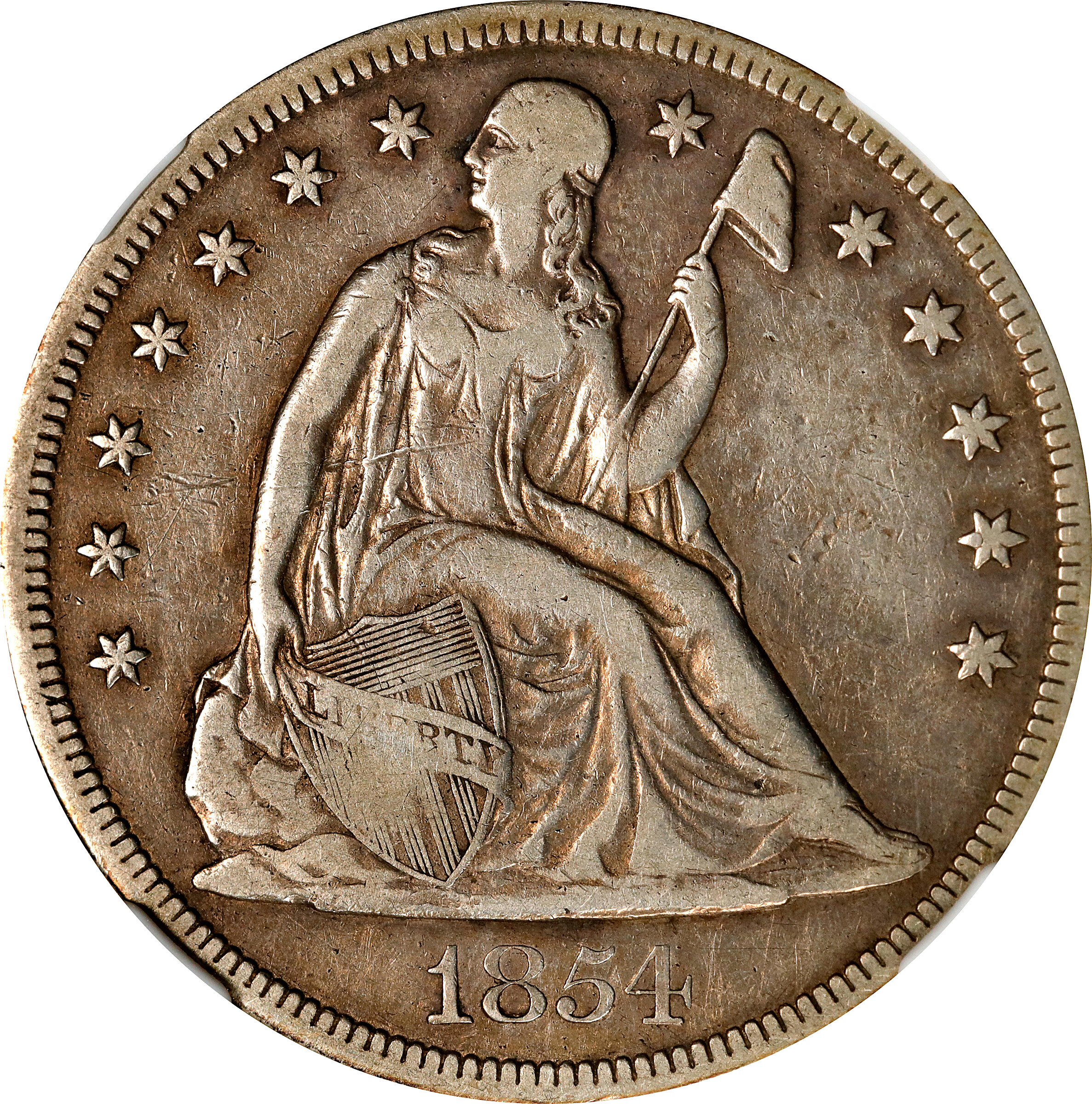 1854 Liberty Seated Silver Dollar. OC-1. Rarity-3+. Repunched Date. VF-30 (NGC).