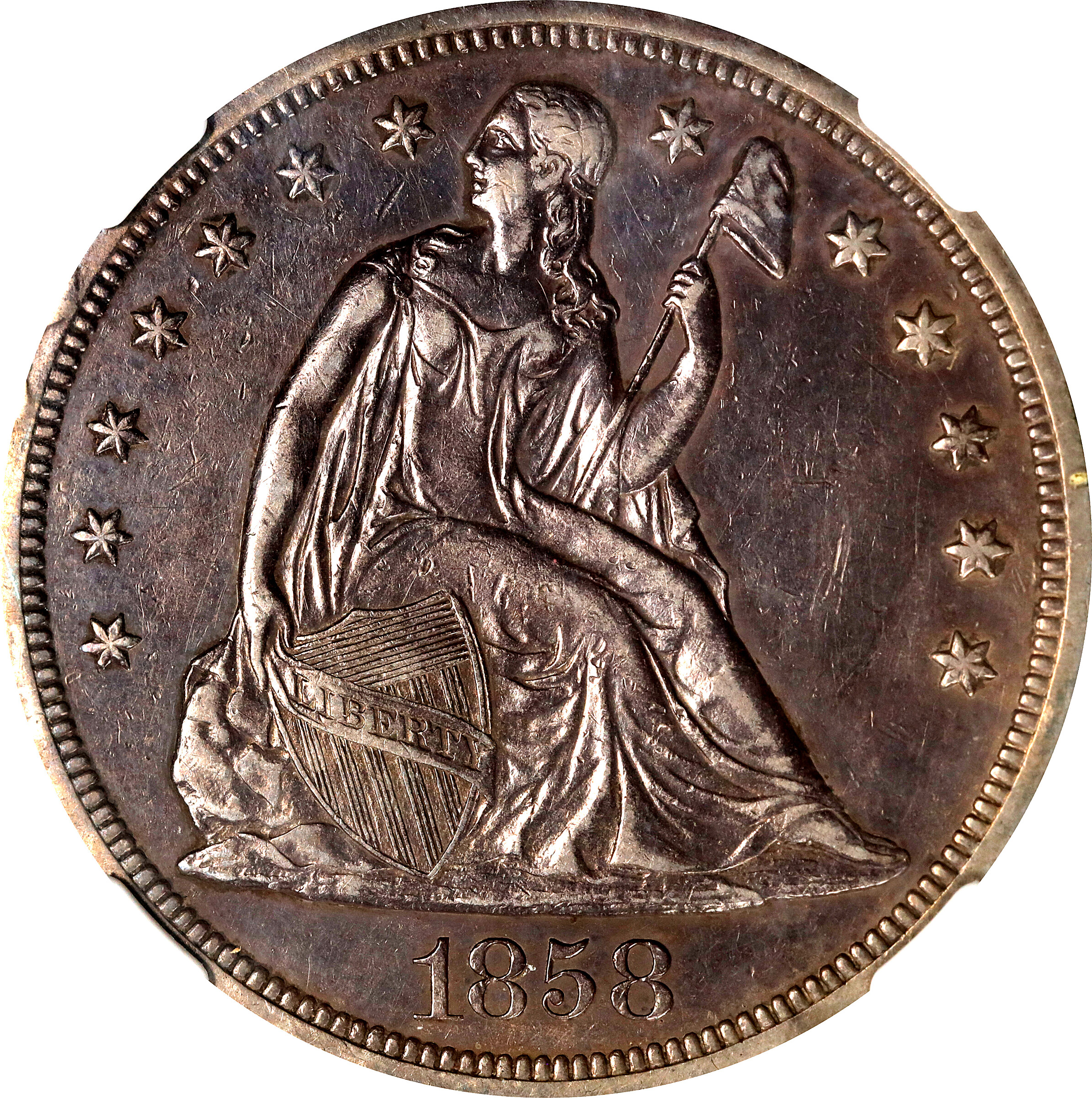 1858 Liberty Seated Silver Dollar. OC-P1. Rarity-4-. Proof-53 (NGC).