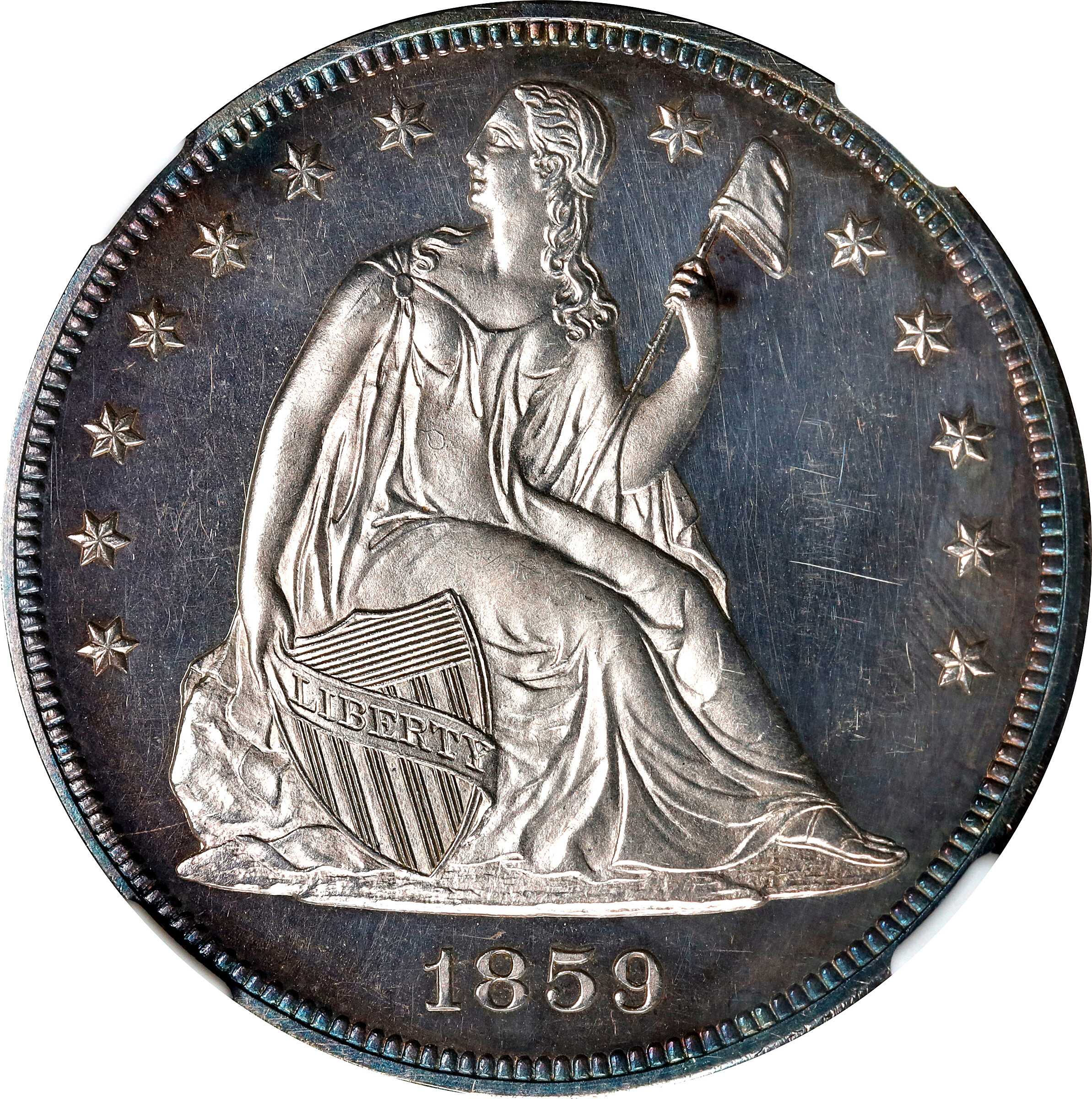 1859 Liberty Seated Silver Dollar. Proof-63+ Cameo (NGC). CAC.