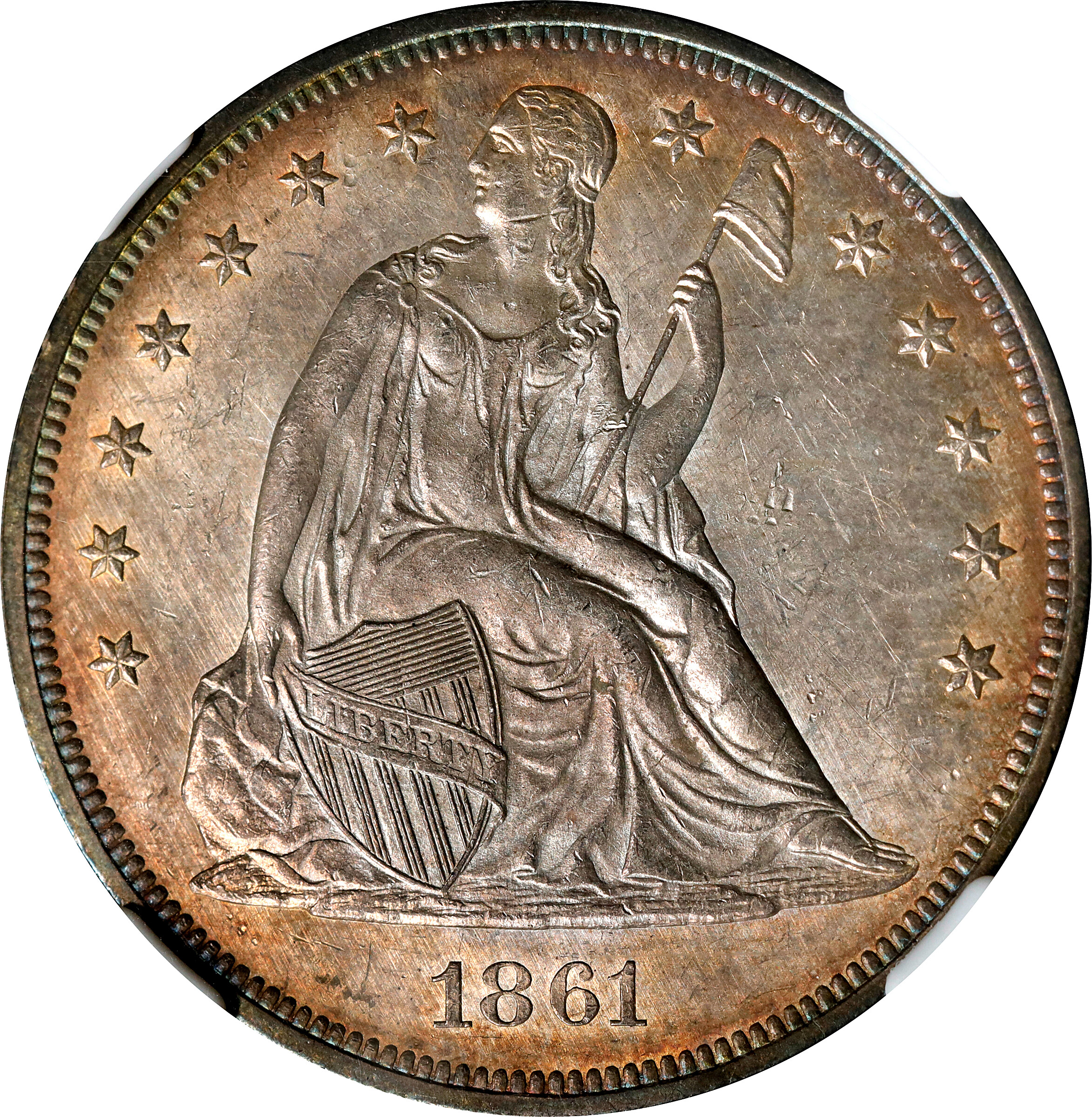 1861 Liberty Seated Silver Dollar. OC-1. Rarity-5+. MS-61 (NGC).