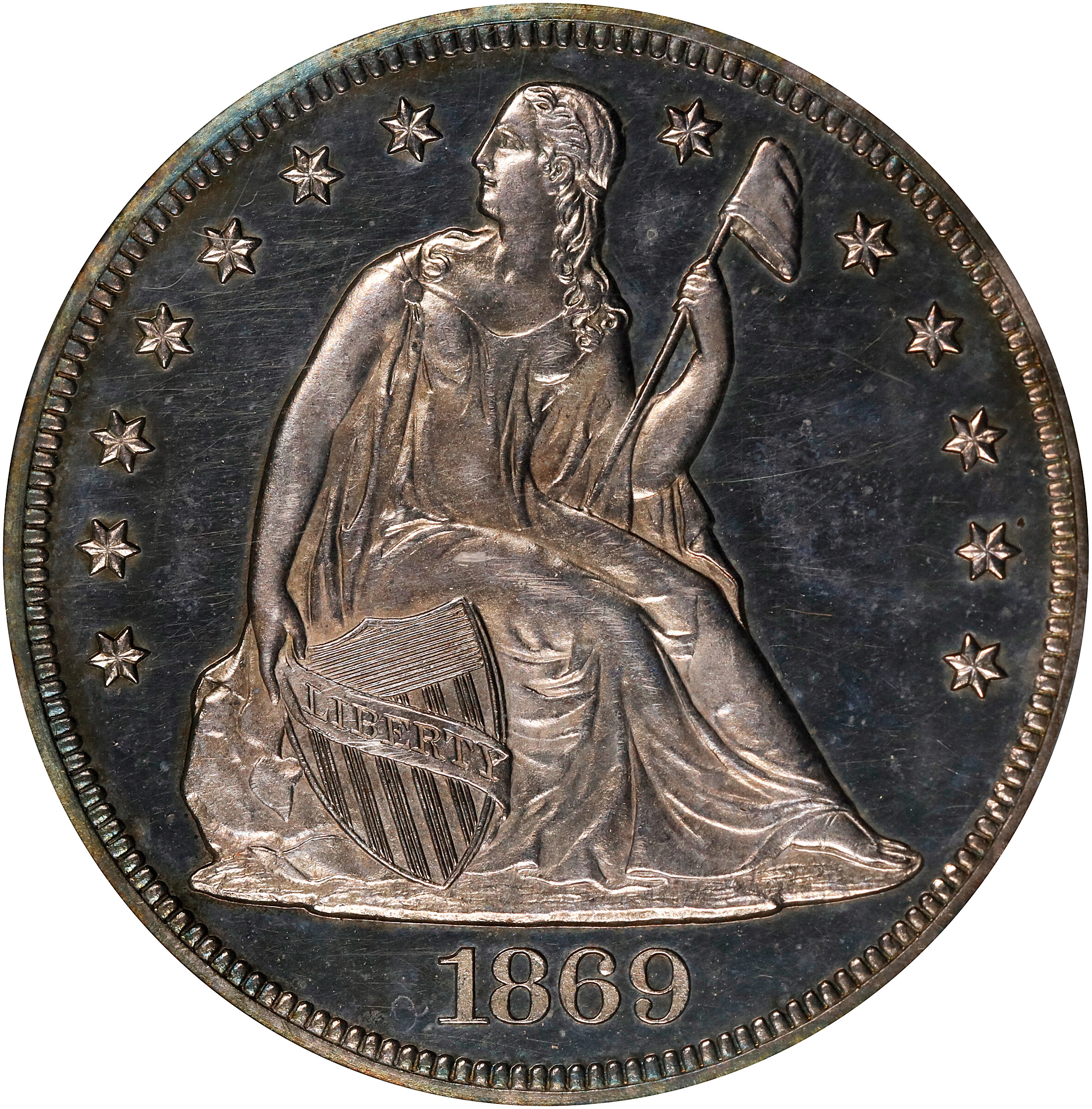 1869 Liberty Seated Silver Dollar. Proof-63 Cameo (PCGS). CAC.