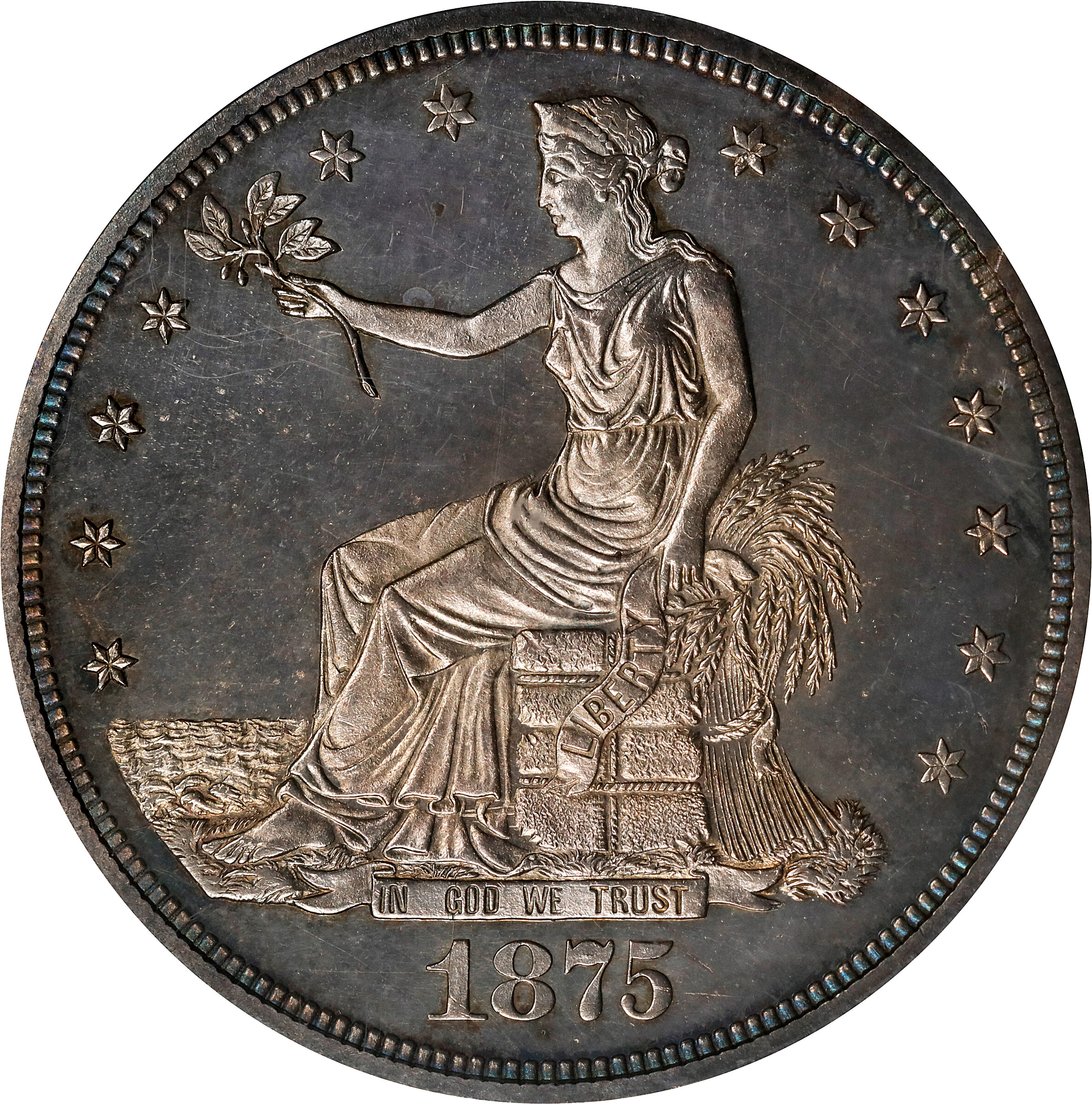 1875 Trade Dollar. Type I/II. Proof-63 Cameo (PCGS). CAC.