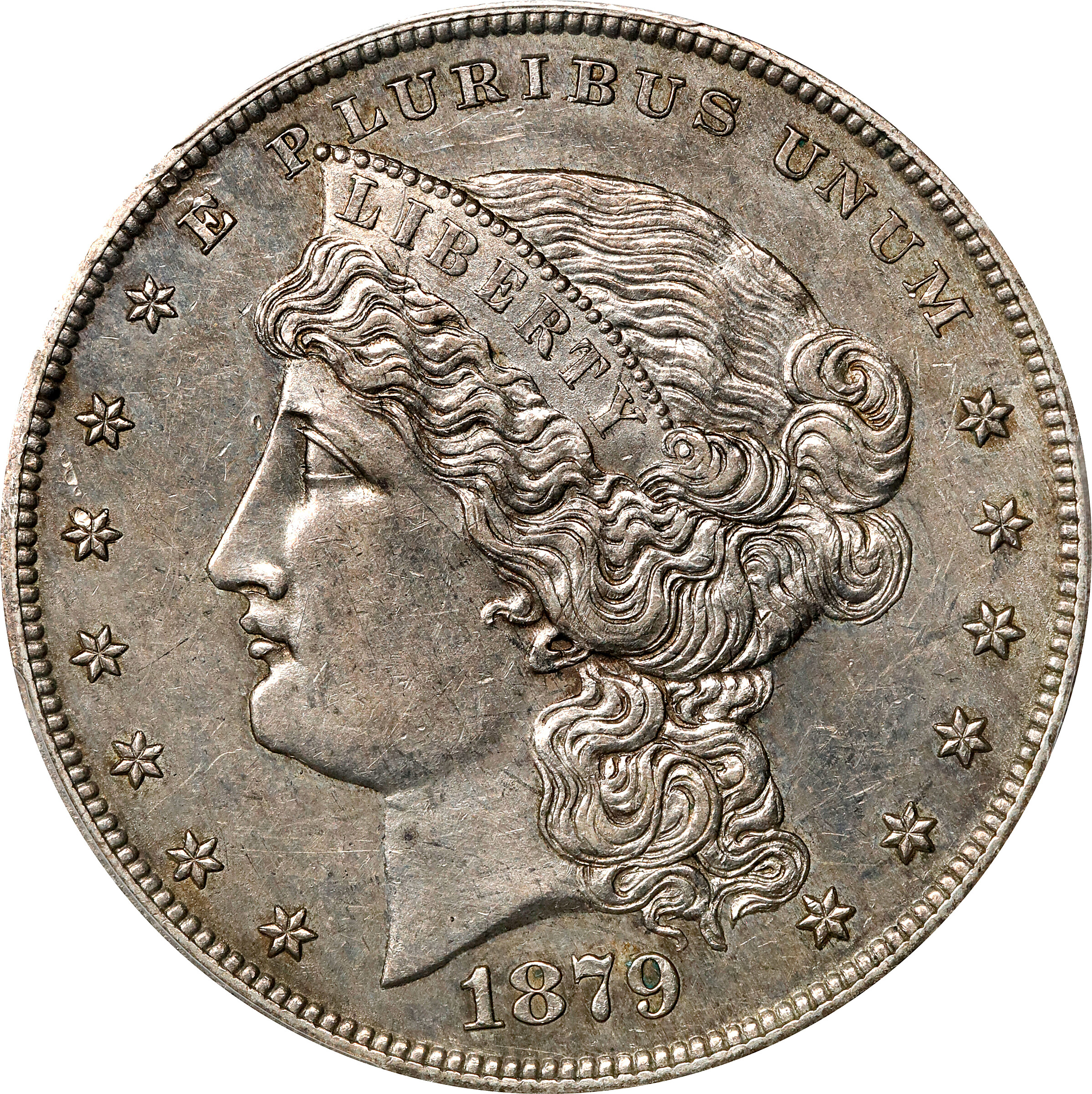 1879 Pattern Goloid Metric Dollar. Judd-1617, Pollock-1813. Rarity-4. Silver (Metric Alloy). Reeded Edge. Proof-55 (PCGS).