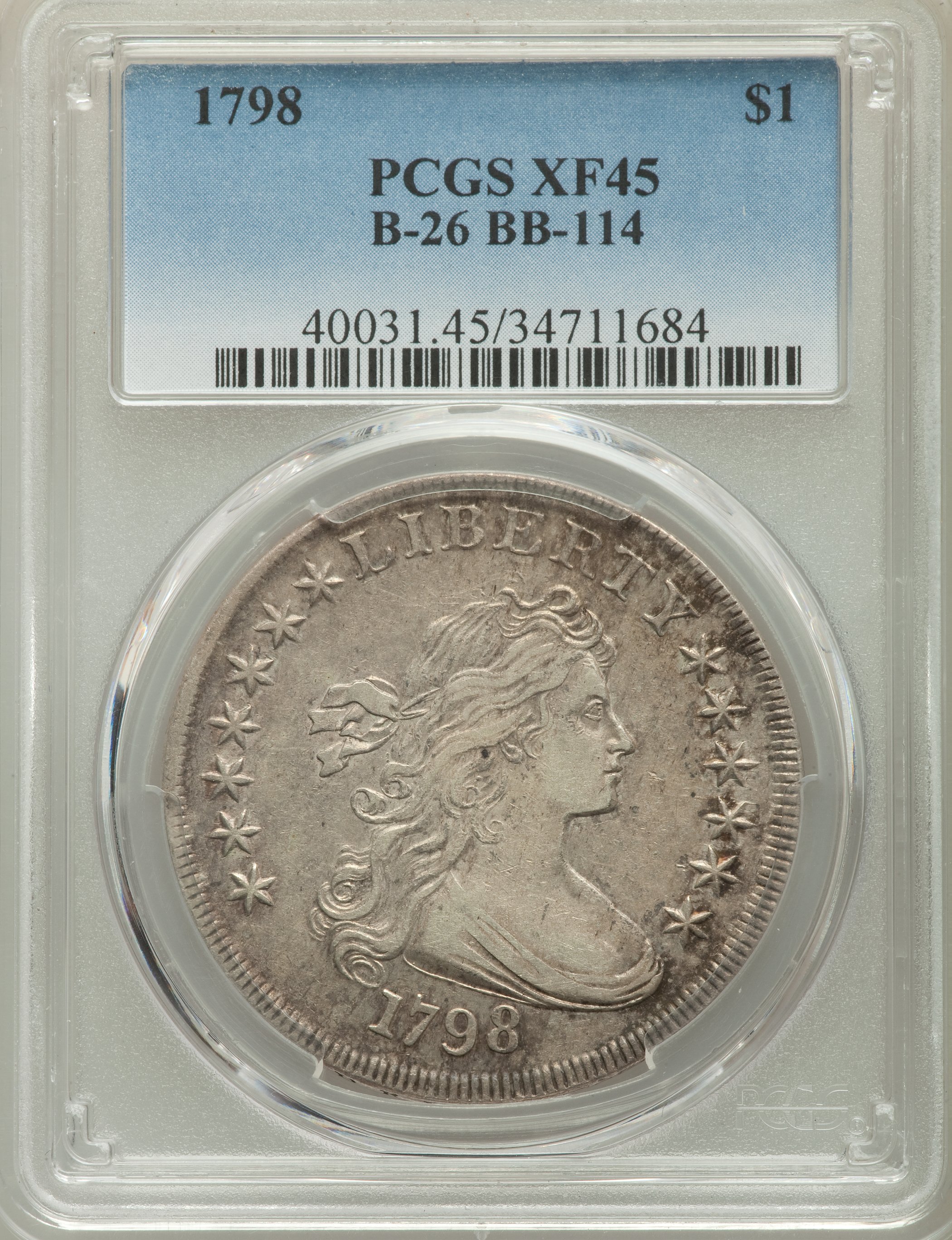 1798 $1  Large Eagle, Pointed 9, Close Date, B-26, BB-114 XF45 CAC thumbnail 9