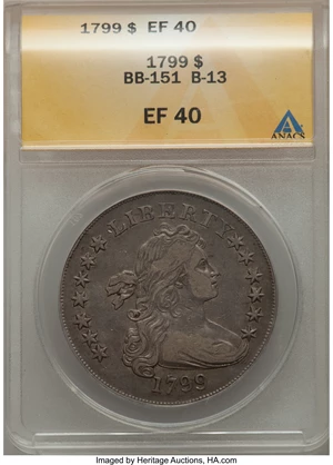 image for: 1799 $1 Irregular Date, 13 Stars Reverse, B-13, BB-151, R.5, XF40 ANACS....