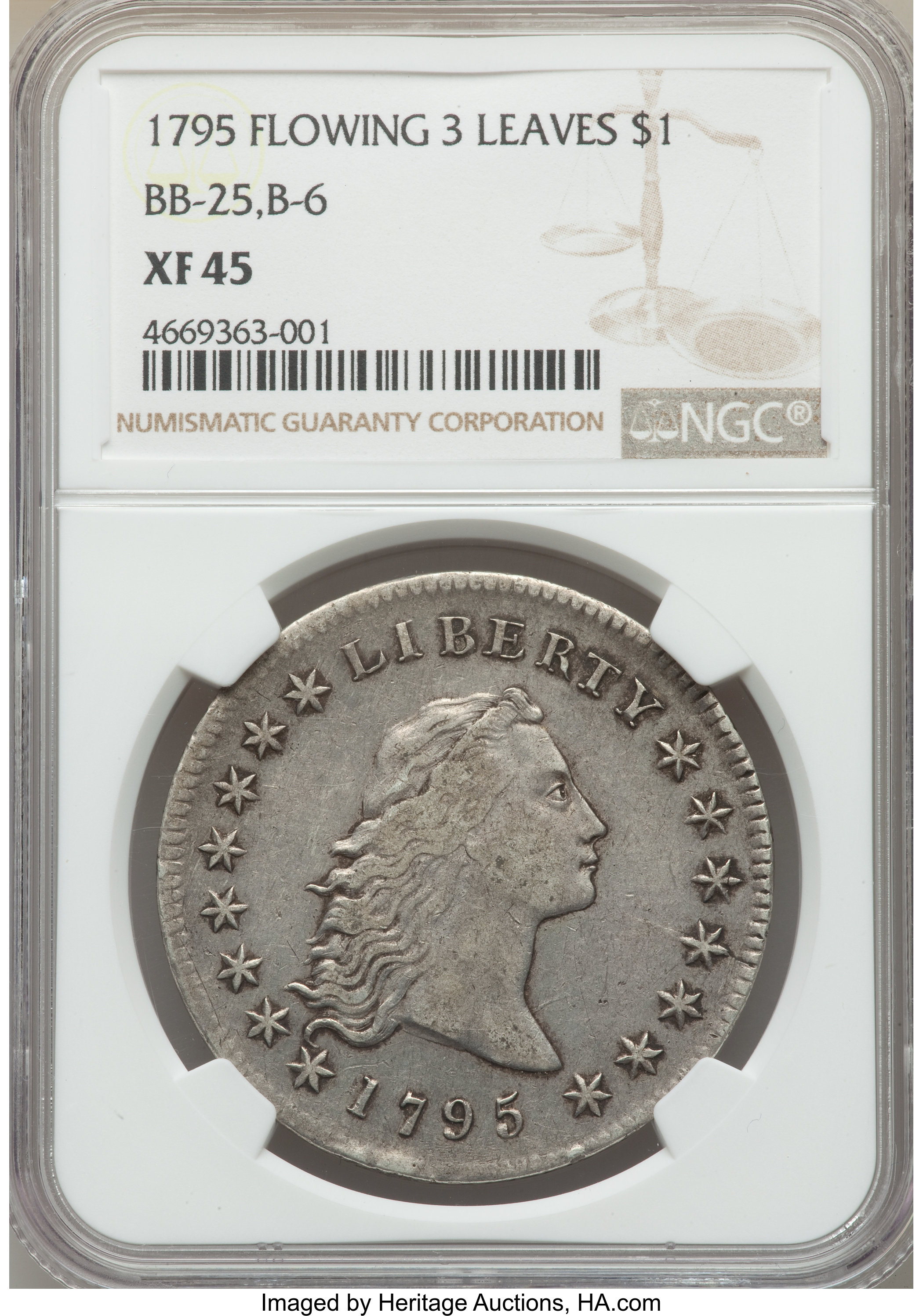 1795 $1  Flowing Hair, 3 Leaves, B-6, BB-25 MS64 thumbnail 8