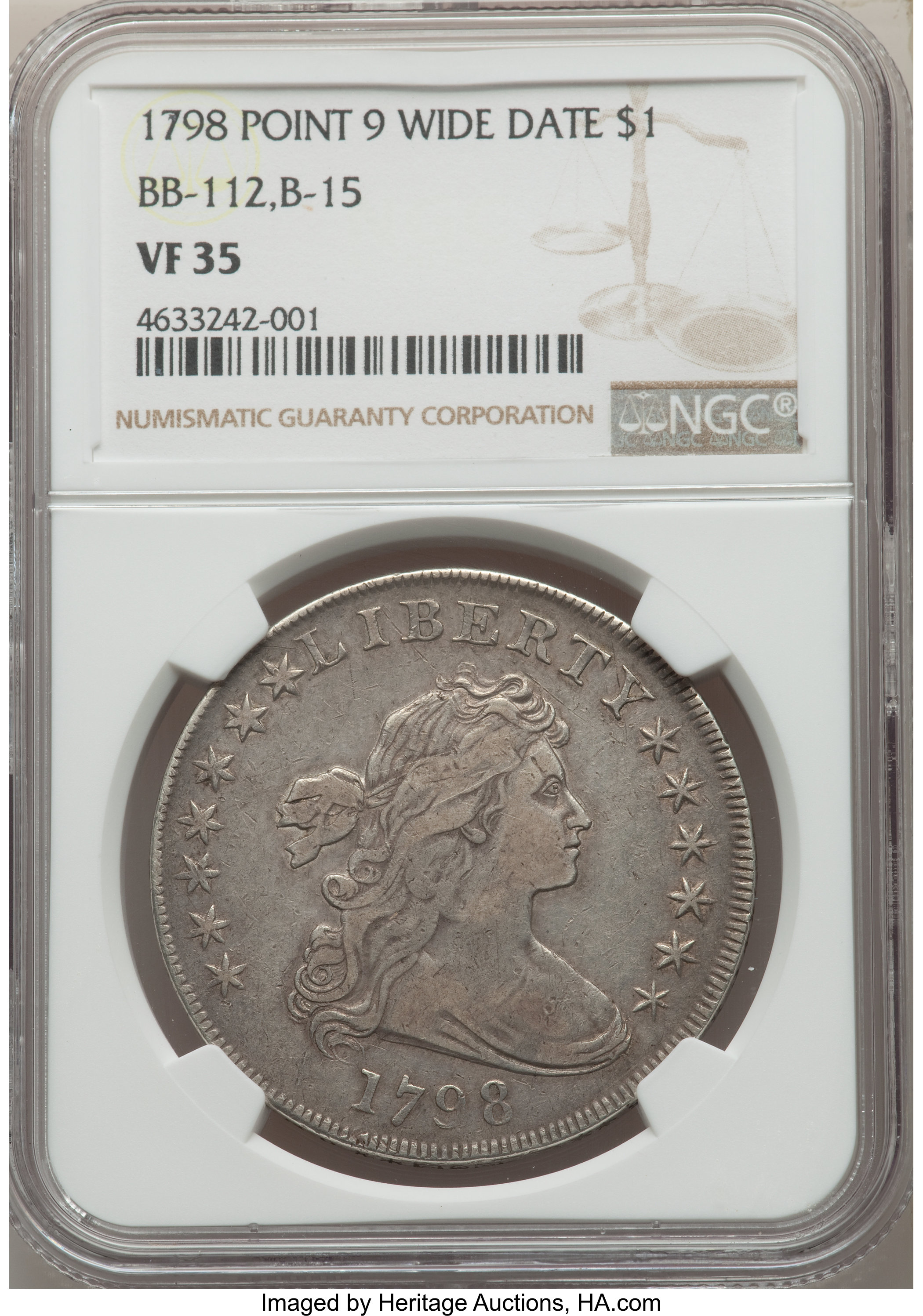 1798 $1  Large Eagle, Pointed 9, Wide Date, B-15, BB-112 VG8 CAC thumbnail 27