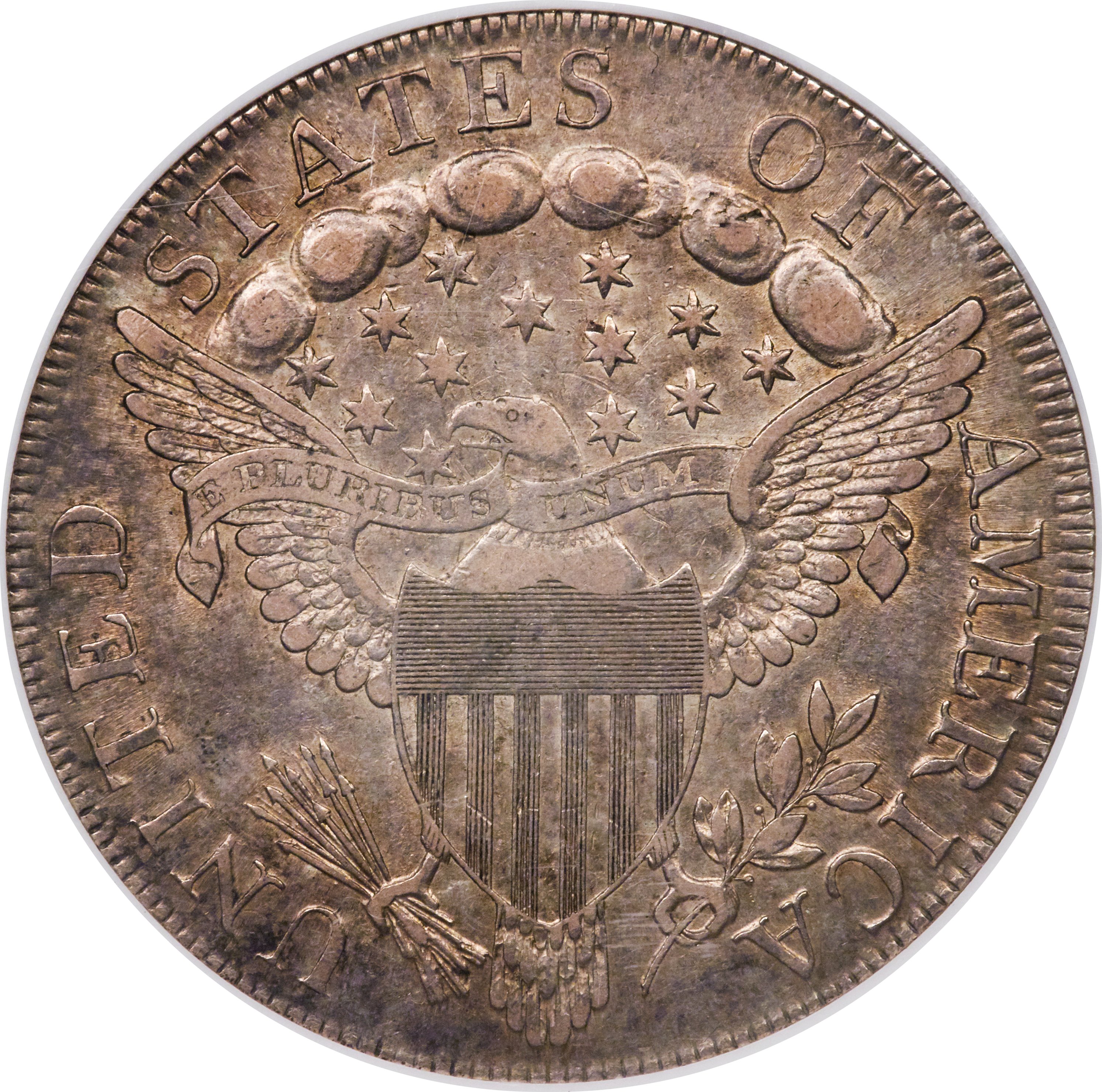 1798 $1  Large Eagle, Knob 9, 10 Arrows, 5 Vertical Lines, B-6, BB-96 AU50 CAC thumbnail 7