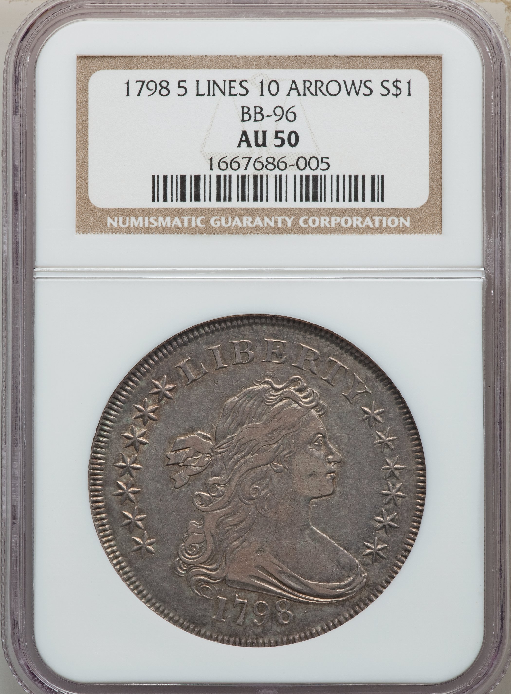 1798 $1  Large Eagle, Knob 9, 10 Arrows, 5 Vertical Lines, B-6, BB-96 AU50 CAC thumbnail 8