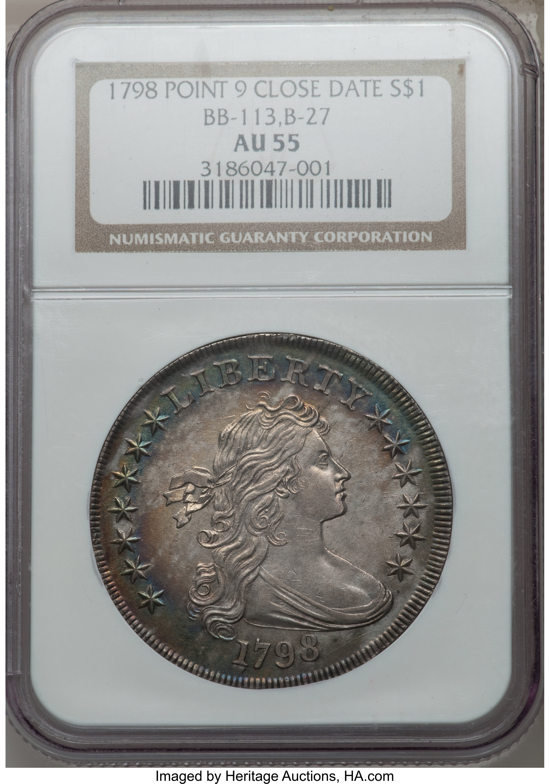 1798 $1  Large Eagle, Pointed 9, Close Date, B-27, BB-113 AU55 CAC thumbnail 7
