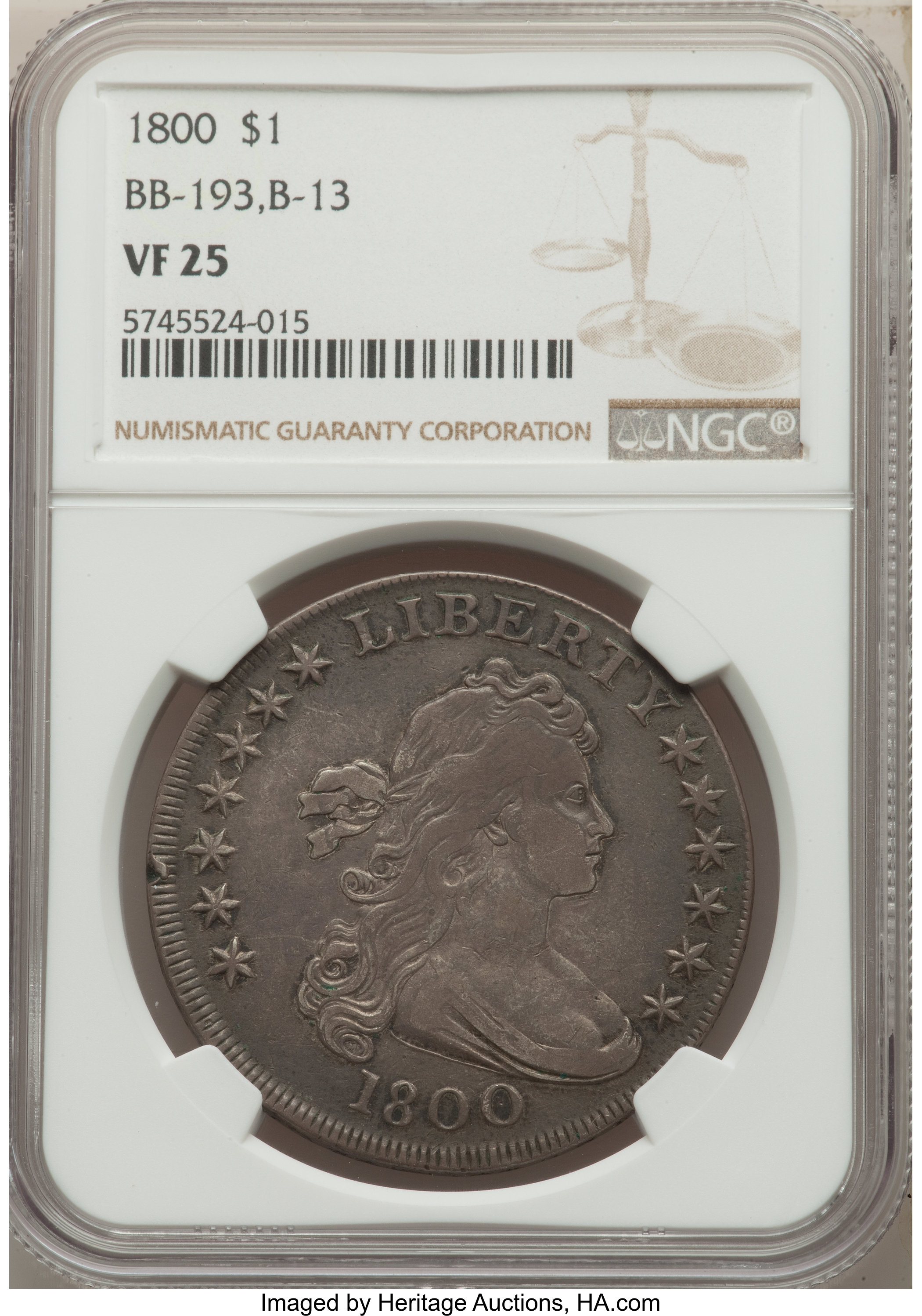 1800 $1 B-13, BB-193, R.3, VF25 NGC. NGC Census: (3/20). PCGS Population: (6/14). VF25. ...