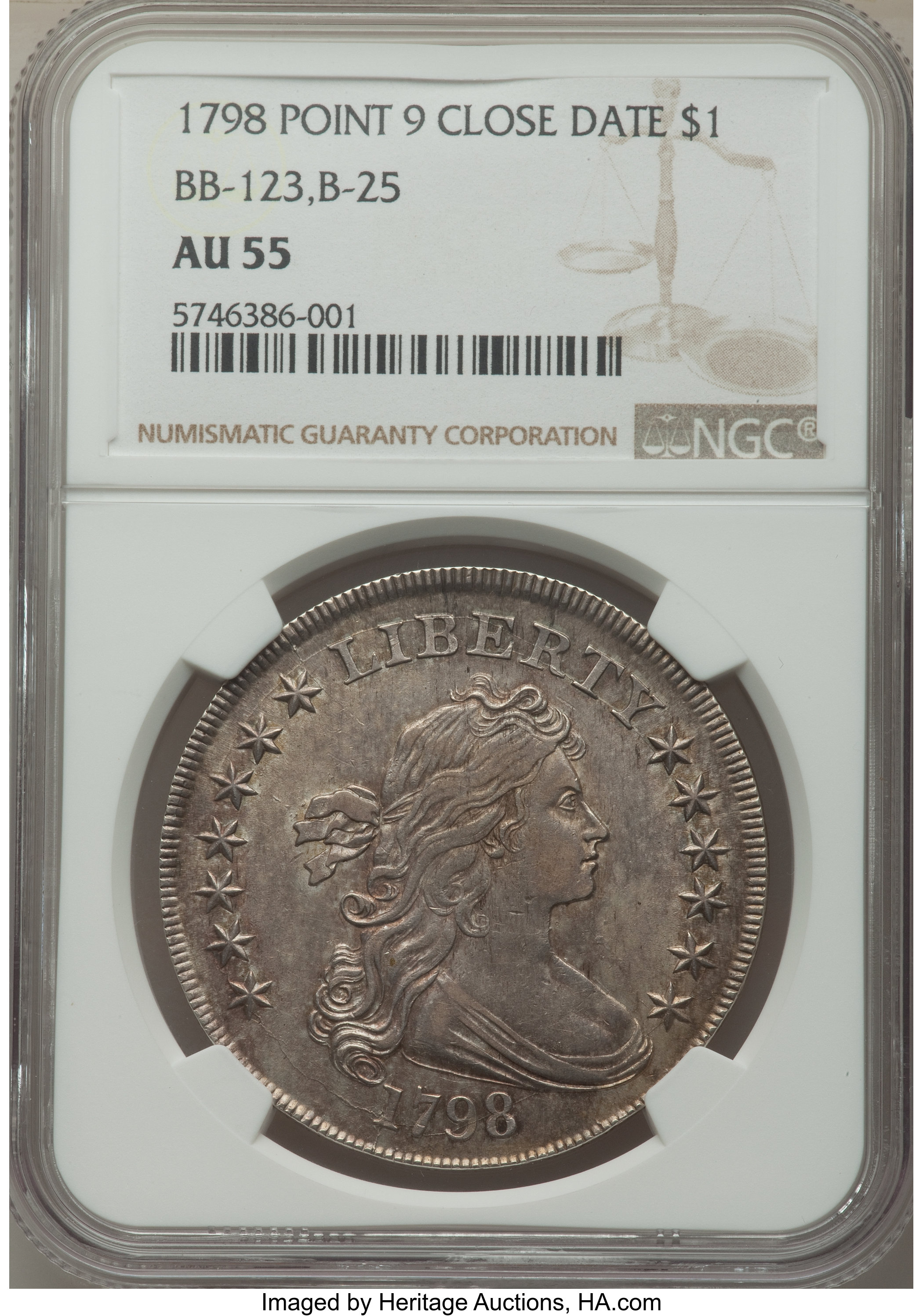 1798 $1  Large Eagle, Pointed 9, Close Date, B-25, BB-123 AU58 thumbnail 4