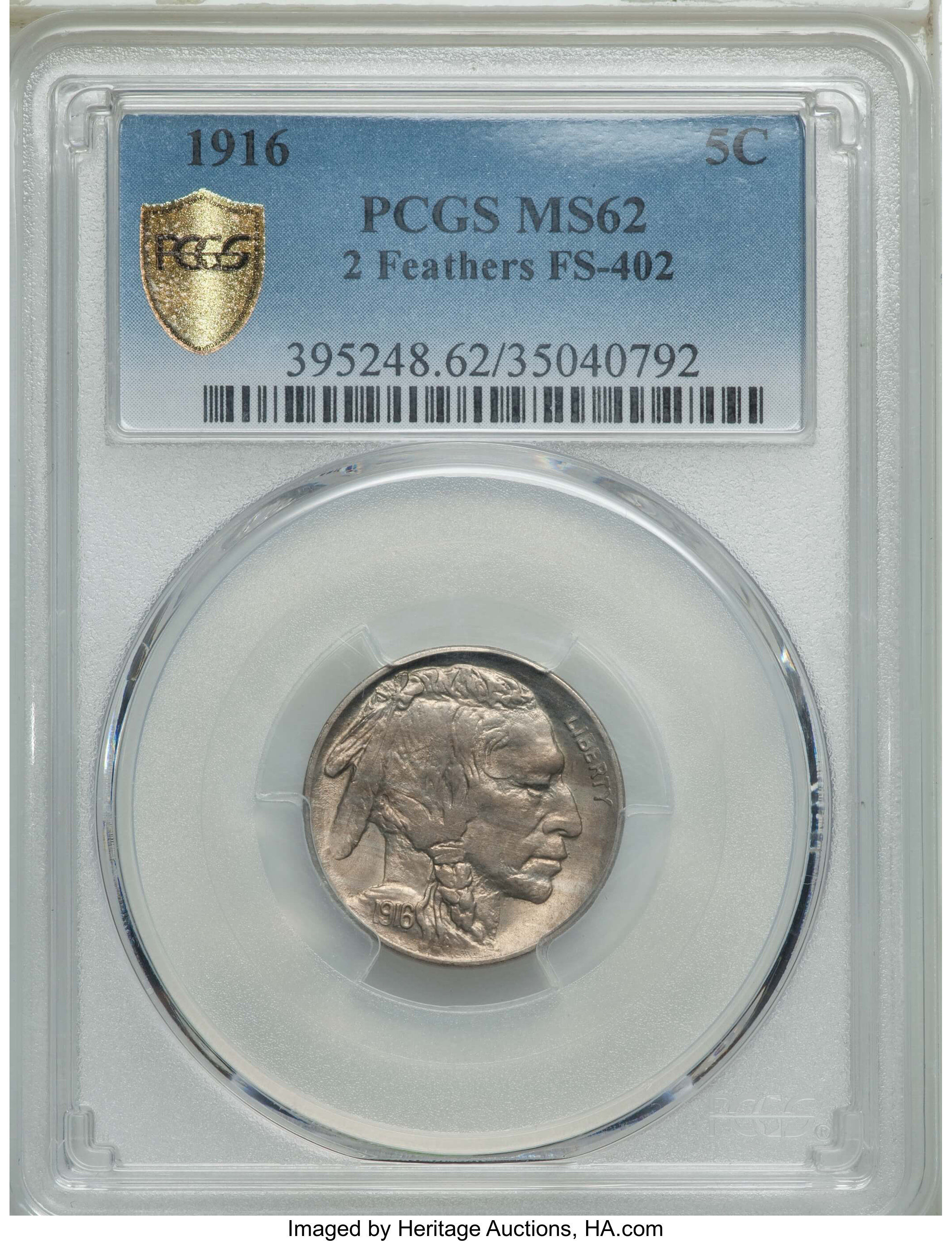 1916 5C Two Feathers, FS-402, MS62 PCGS Secure. PCGS Population: (8/26 and 0/1+). NGC Census: (0/0 and 0/0+). ...