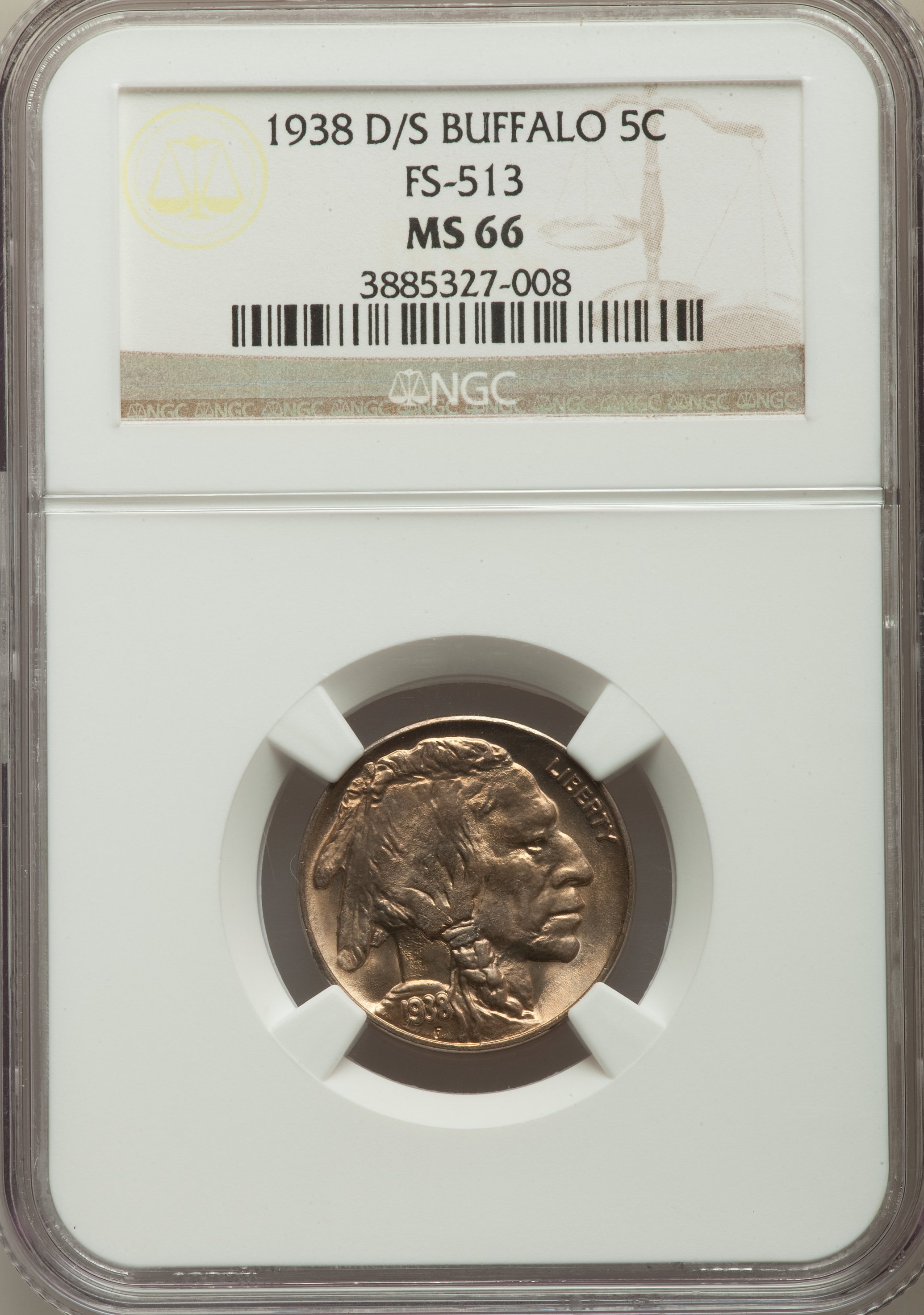 1938-D/S 5C FS-513 MS66 NGC. NGC Census: (0/0). PCGS Population: (9/1). Mintage 7,020,000. ...