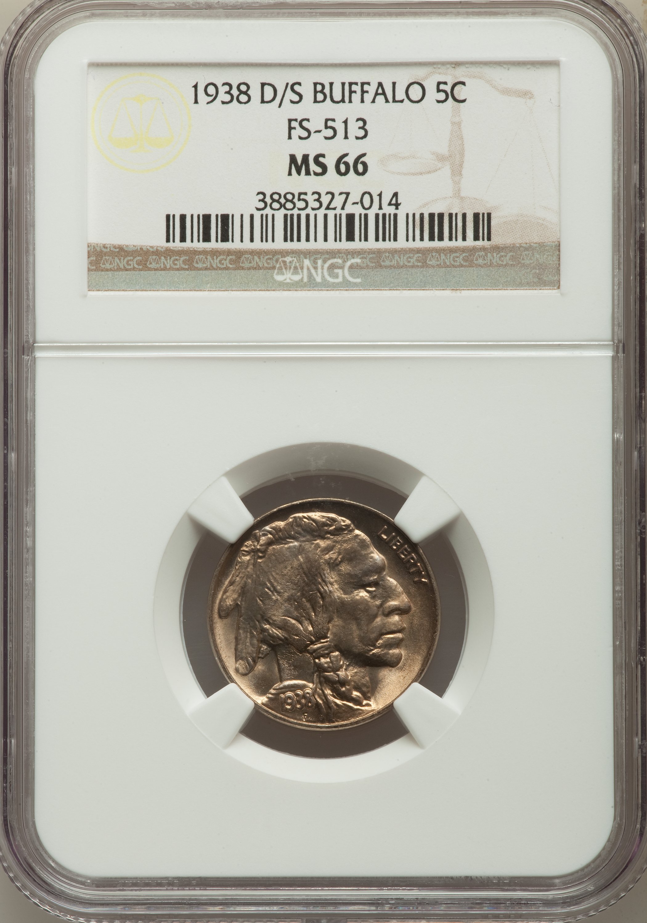 1938-D/S 5C FS-513 MS66 NGC. NGC Census: (0/0). PCGS Population: (9/1). Mintage 7,020,000. ...