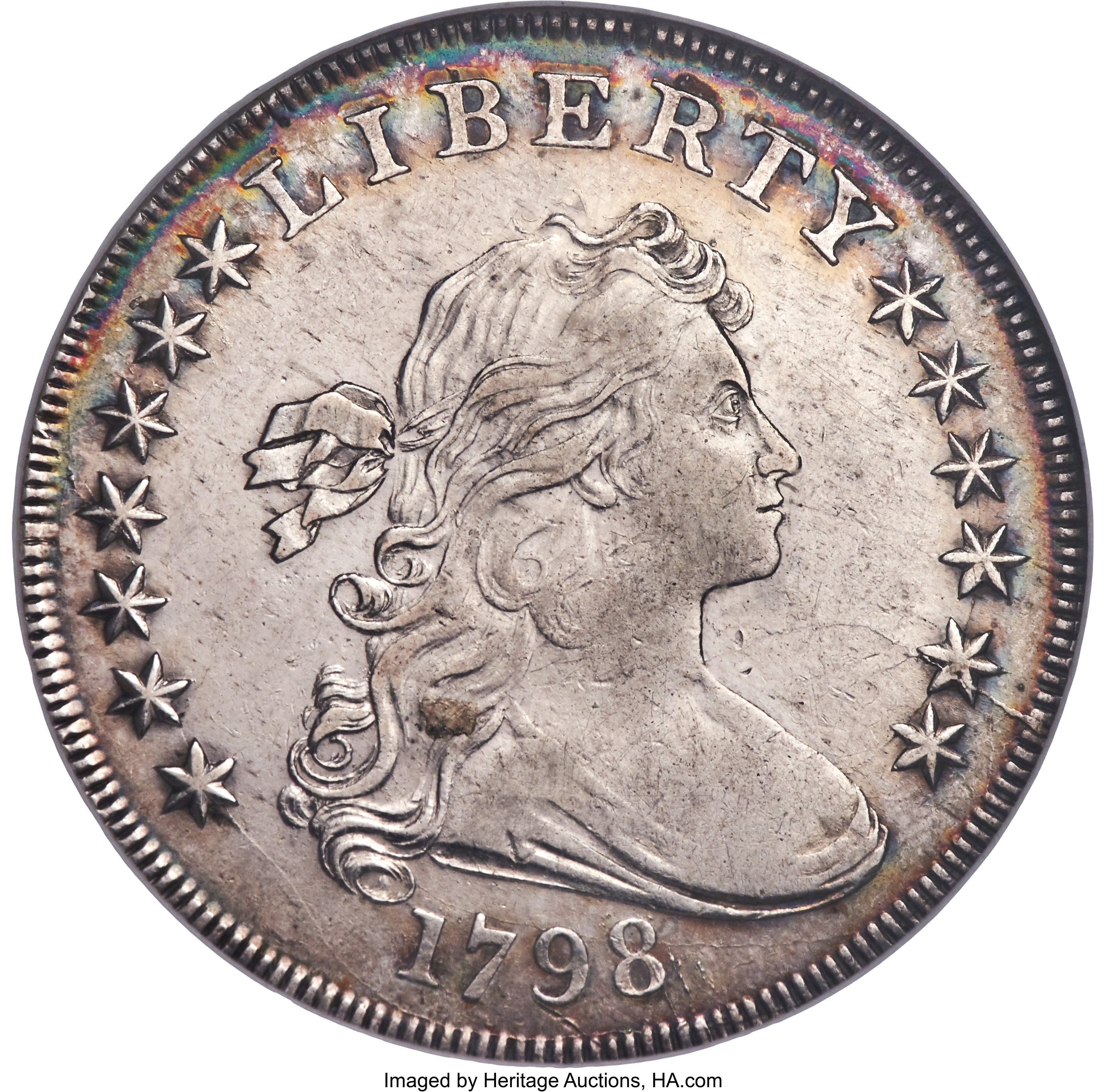 1798 $1 Large Eagle, Pointed 9, B-24, BB-124, R.2, AU50 NGC. Bowers Die State V, shattered obverse at star 12. A true About...