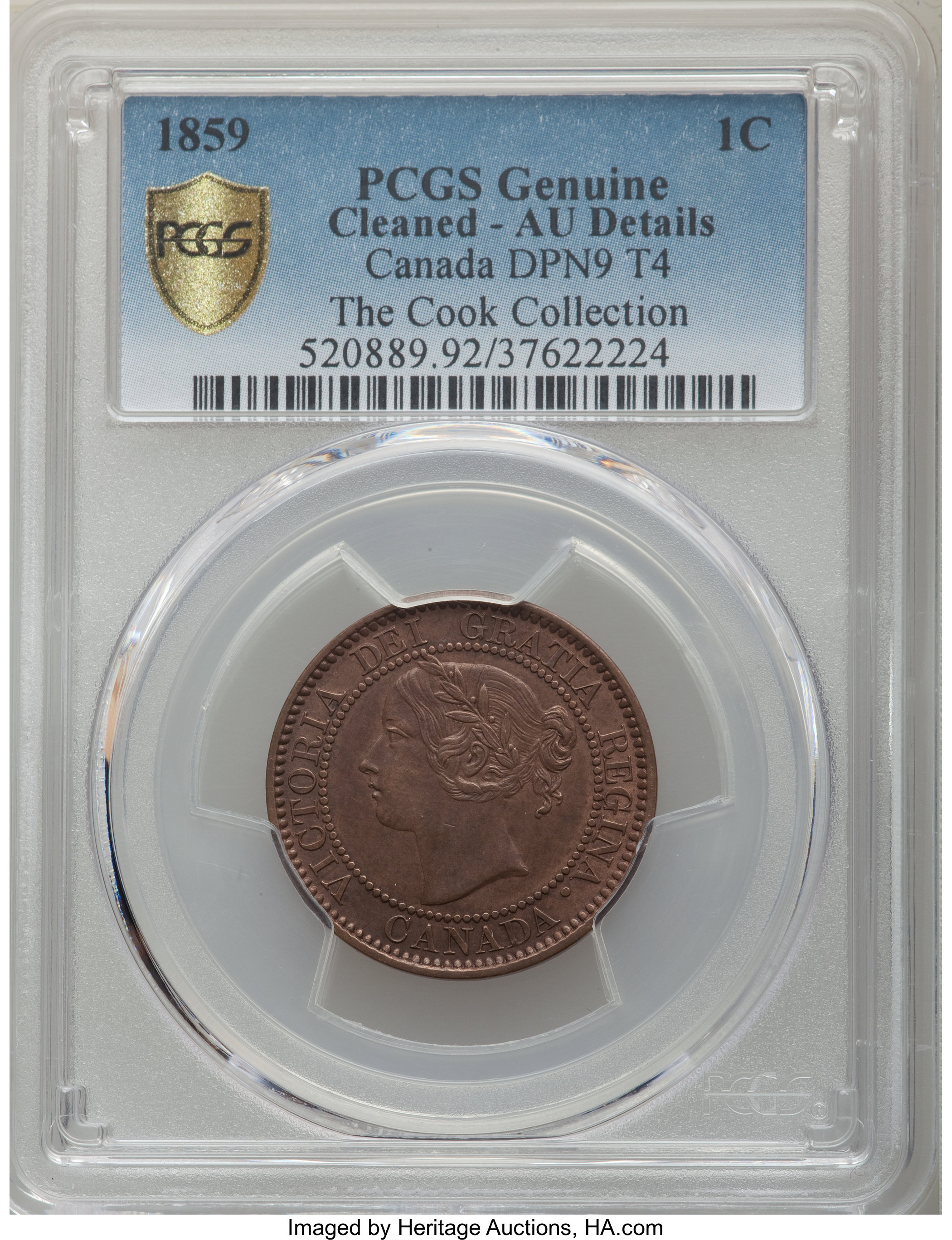 image for: Victoria "Double Punched Narrow 9, Type 4" Cent 1859 AU Details (Cleaned) PCGS