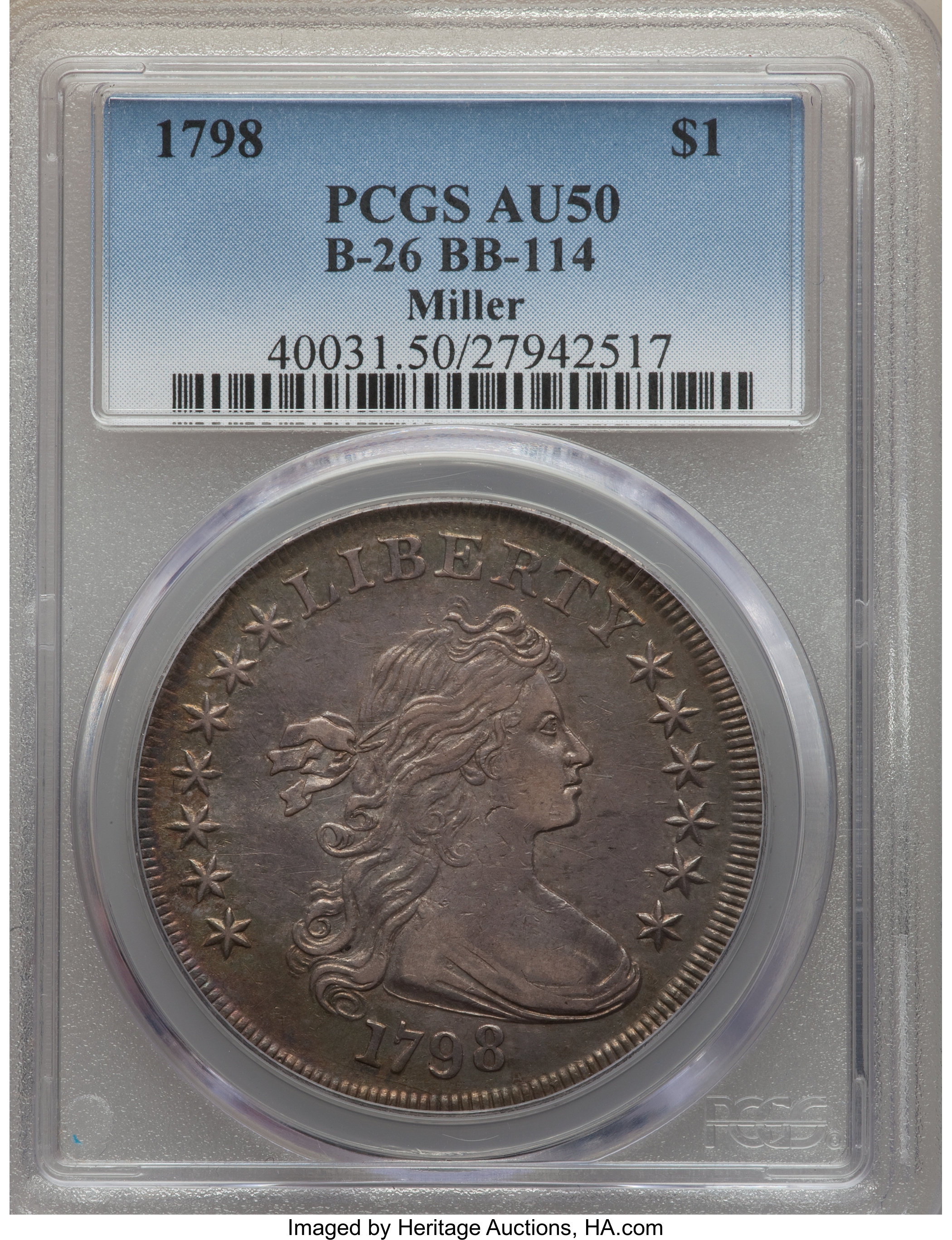 1798 $1  Large Eagle, Pointed 9, Close Date, B-26, BB-114 AU50 thumbnail 5