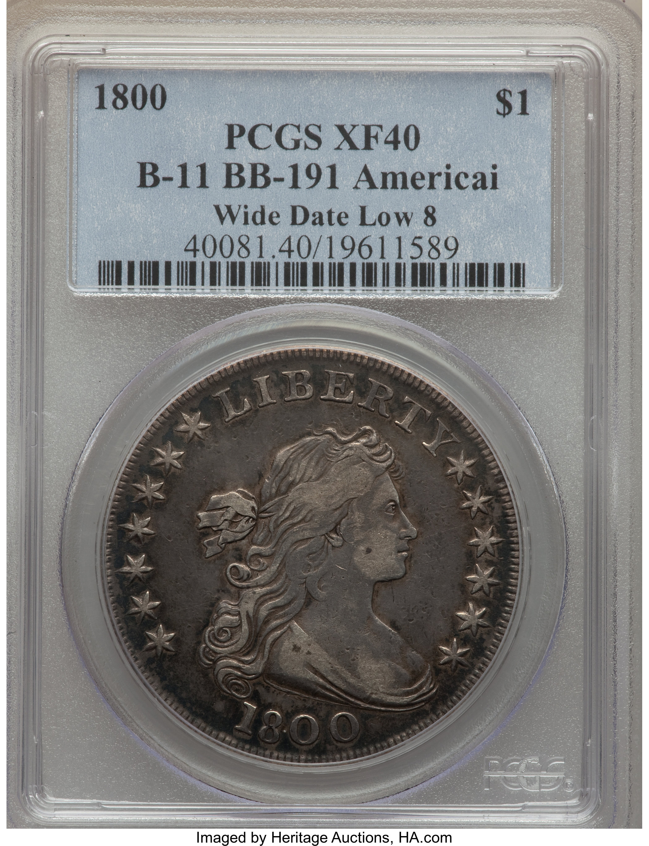 1800 $1  Wide Date, Low 8, AMERICAI, B-11, BB-191 XF40 thumbnail 8