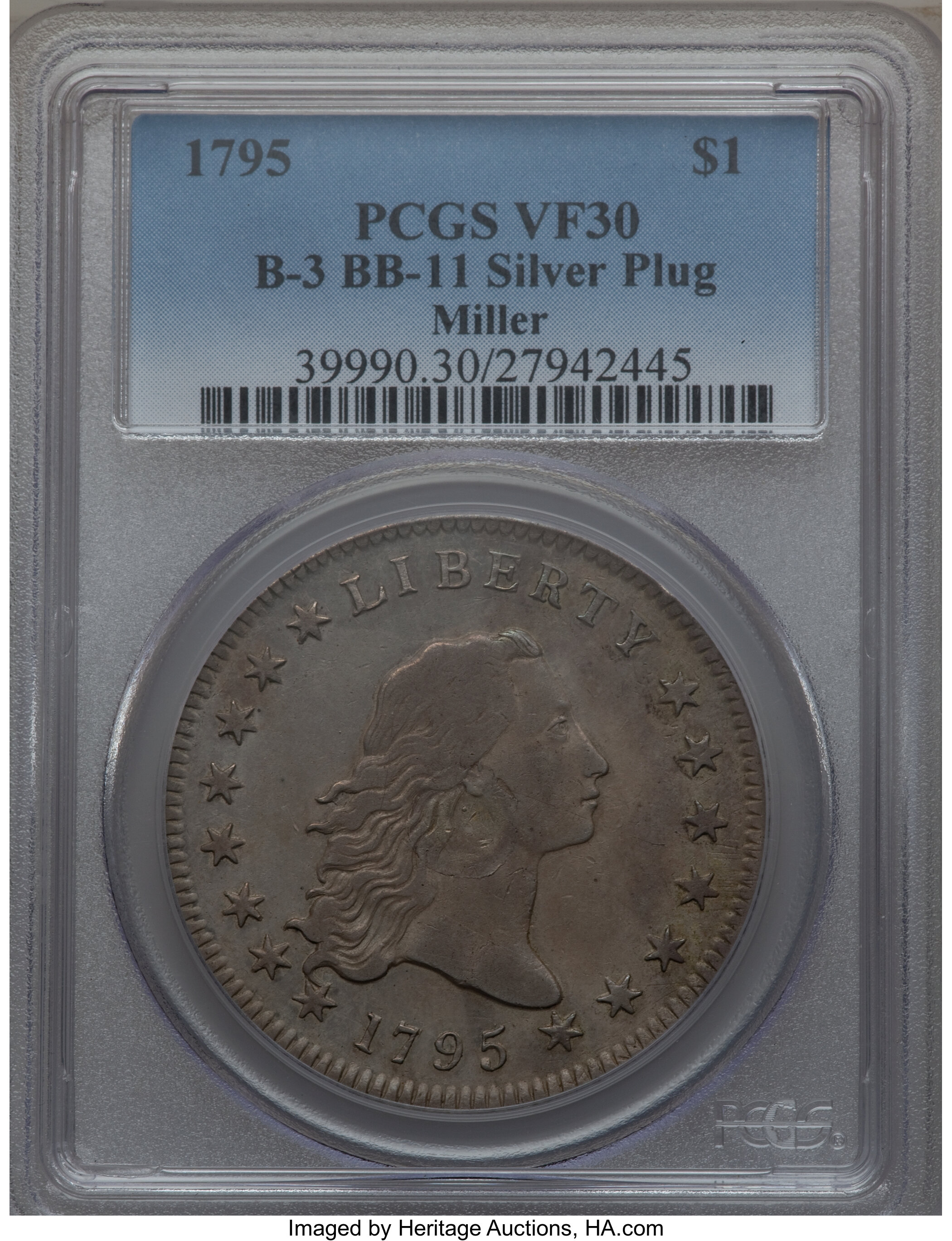 1795 $1  Flowing Hair, Silver Plug, 2 Leaves, B-3, BB-11 XF45 thumbnail 9