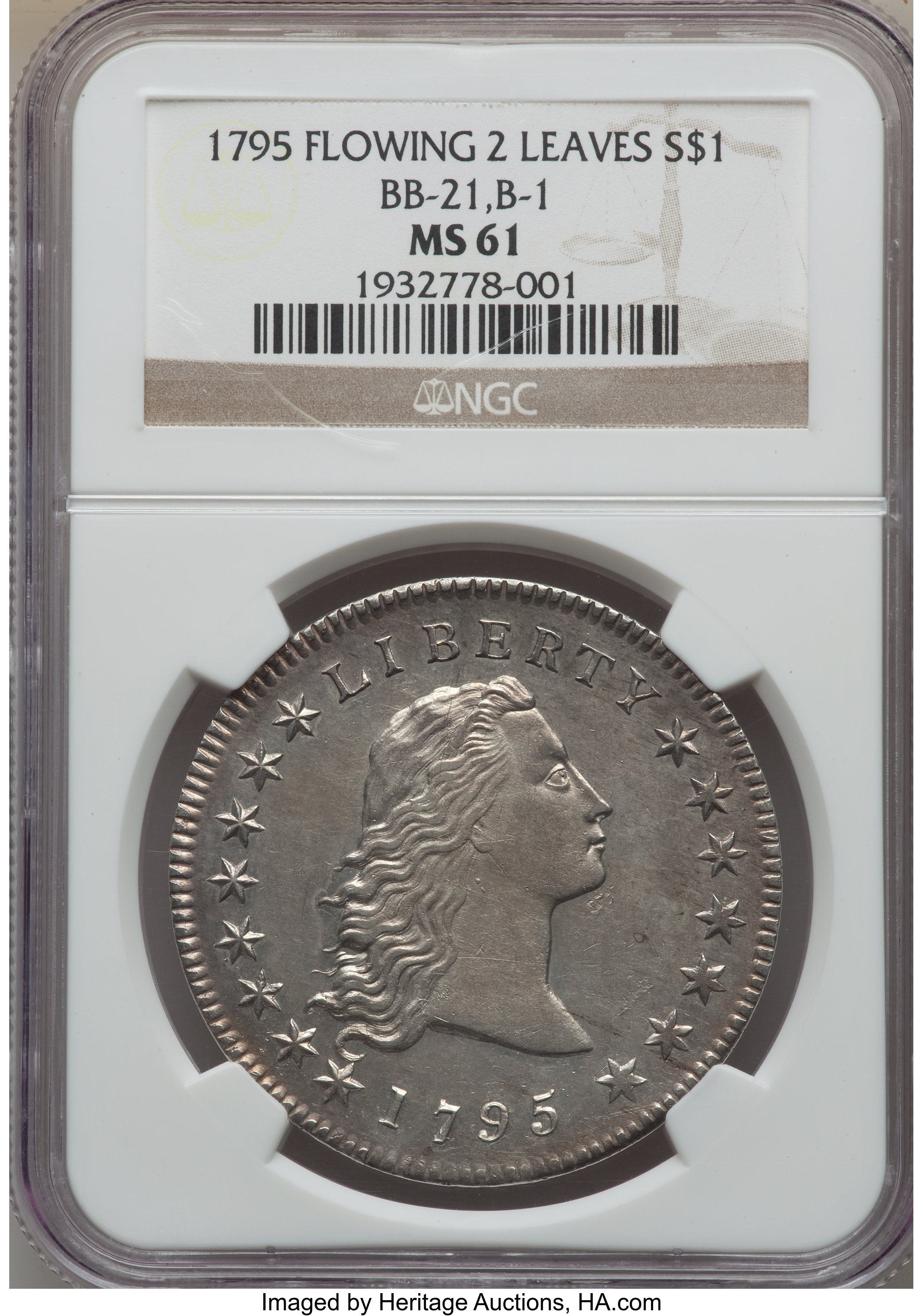 1795 $1  Flowing Hair, 2 Leaves MS61 CAC thumbnail 3