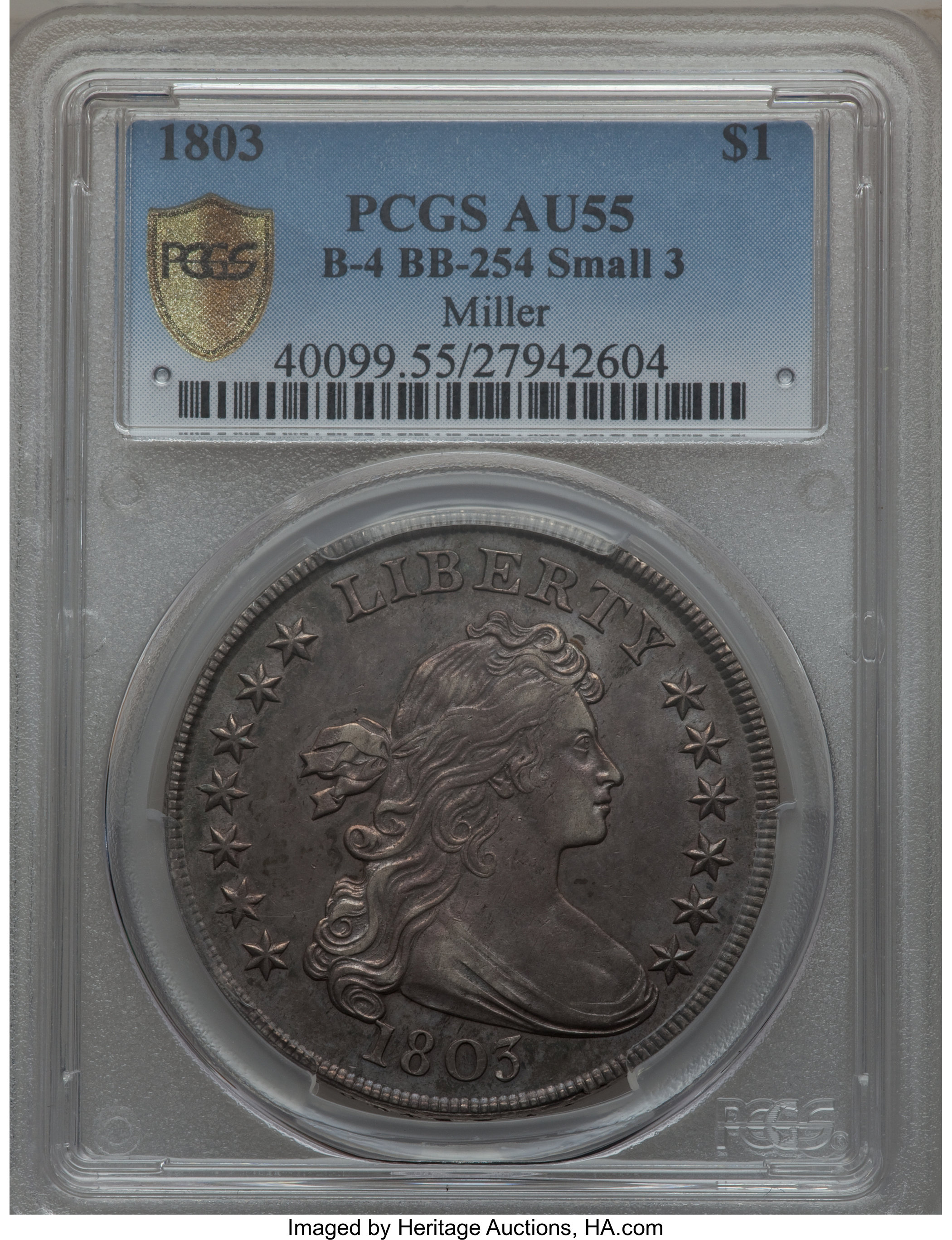 1803 $1  Small 3, B-4, BB-254 AU55 CAC thumbnail 5