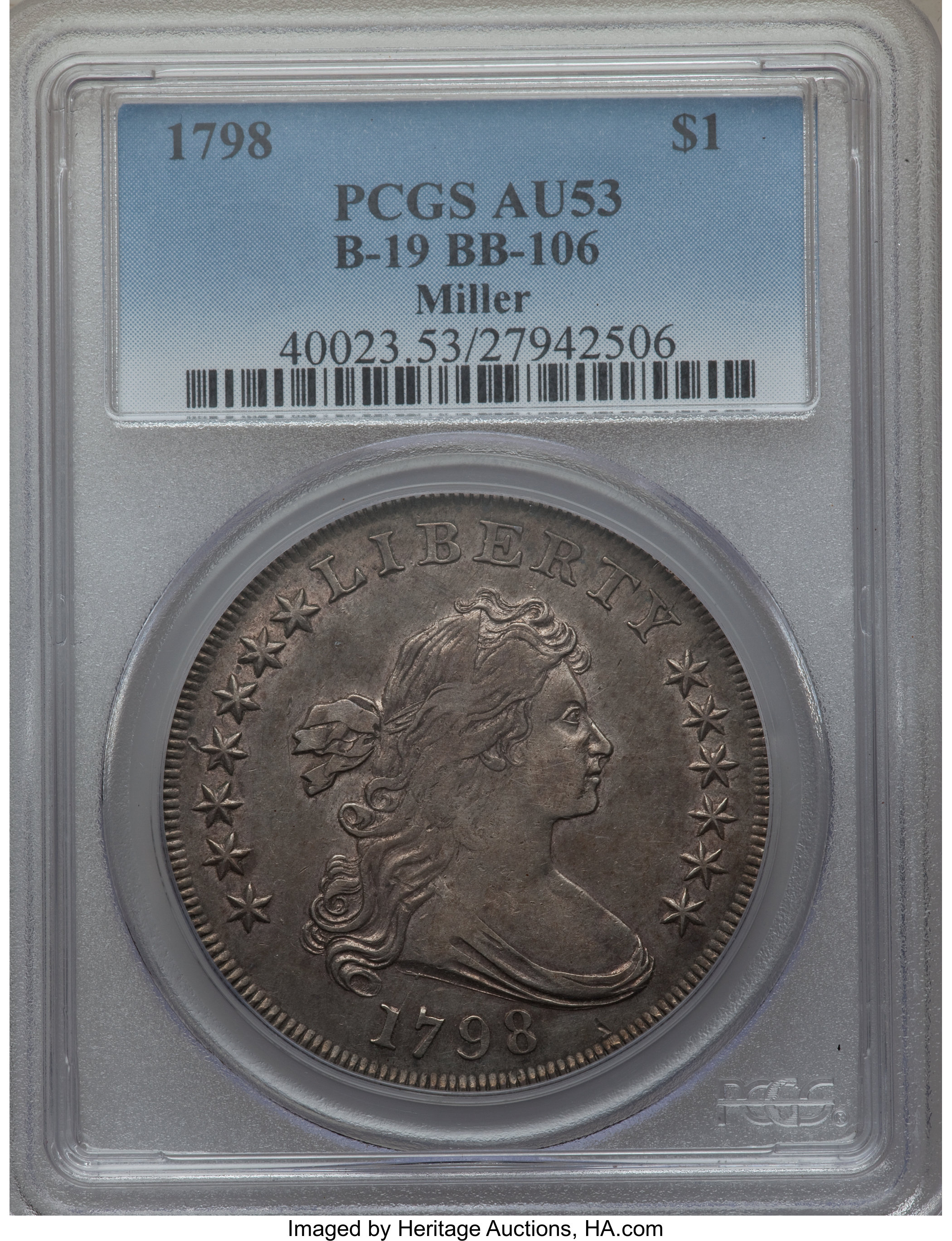 1798 $1  Large Eagle, Pointed 9, Wide Date, B-19, BB-106 AU53 CAC thumbnail 4