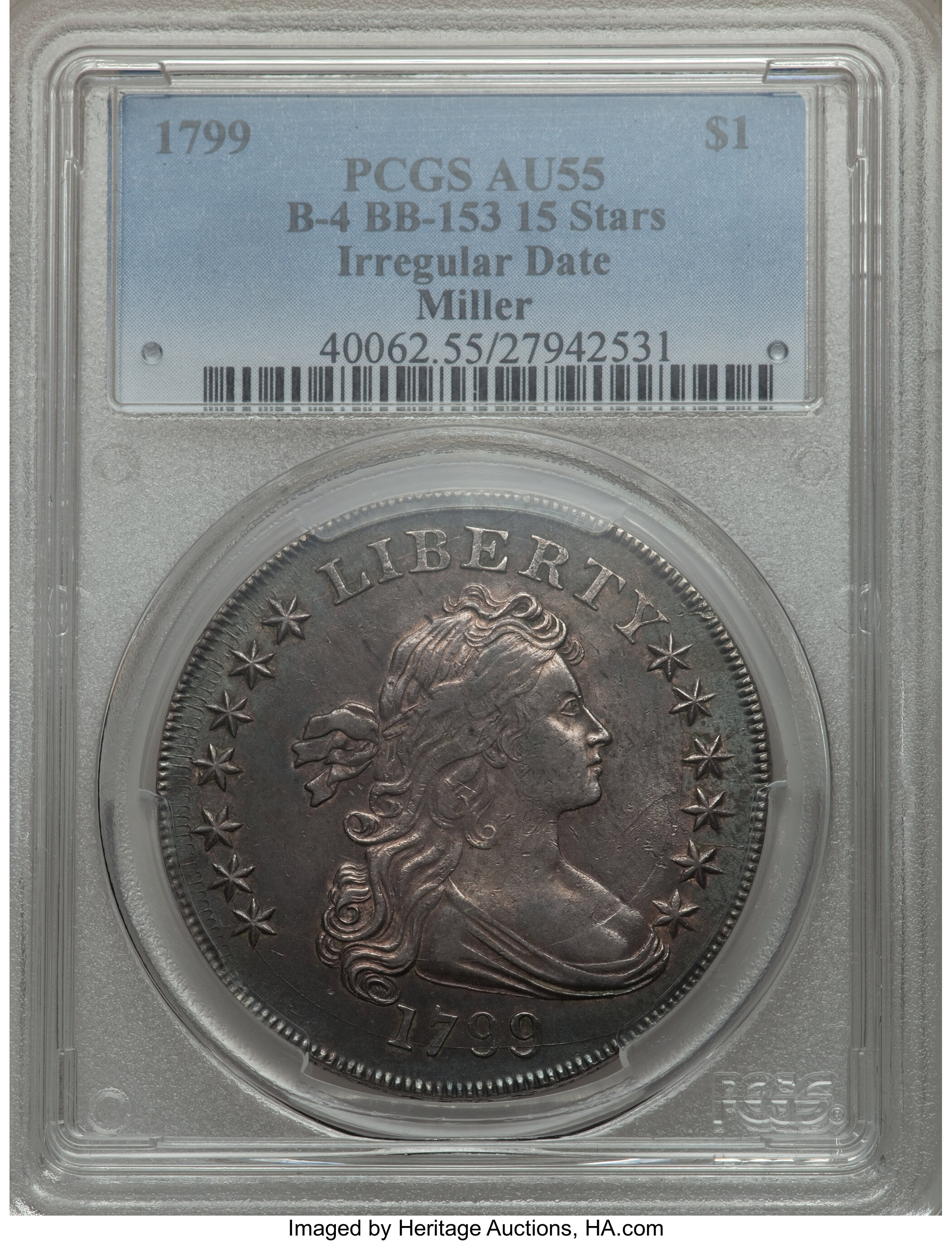 1799 $1  Irregular Date, 15 Stars, B-4, BB-153 AU55 thumbnail 14