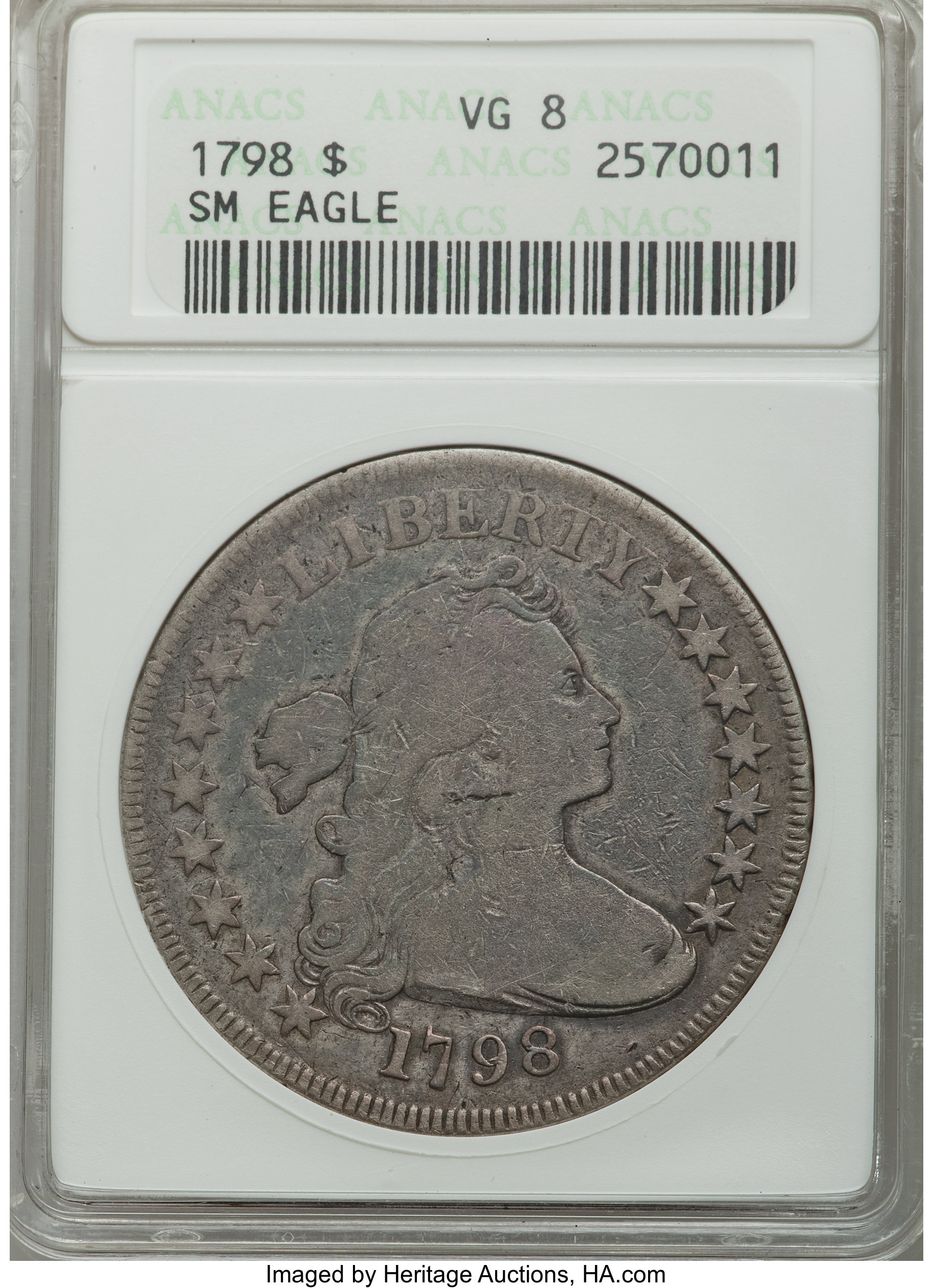 1798 $1 Small Eagle, 15 Stars, B-2, BB-81, R.3, VG8 ANACS. ...