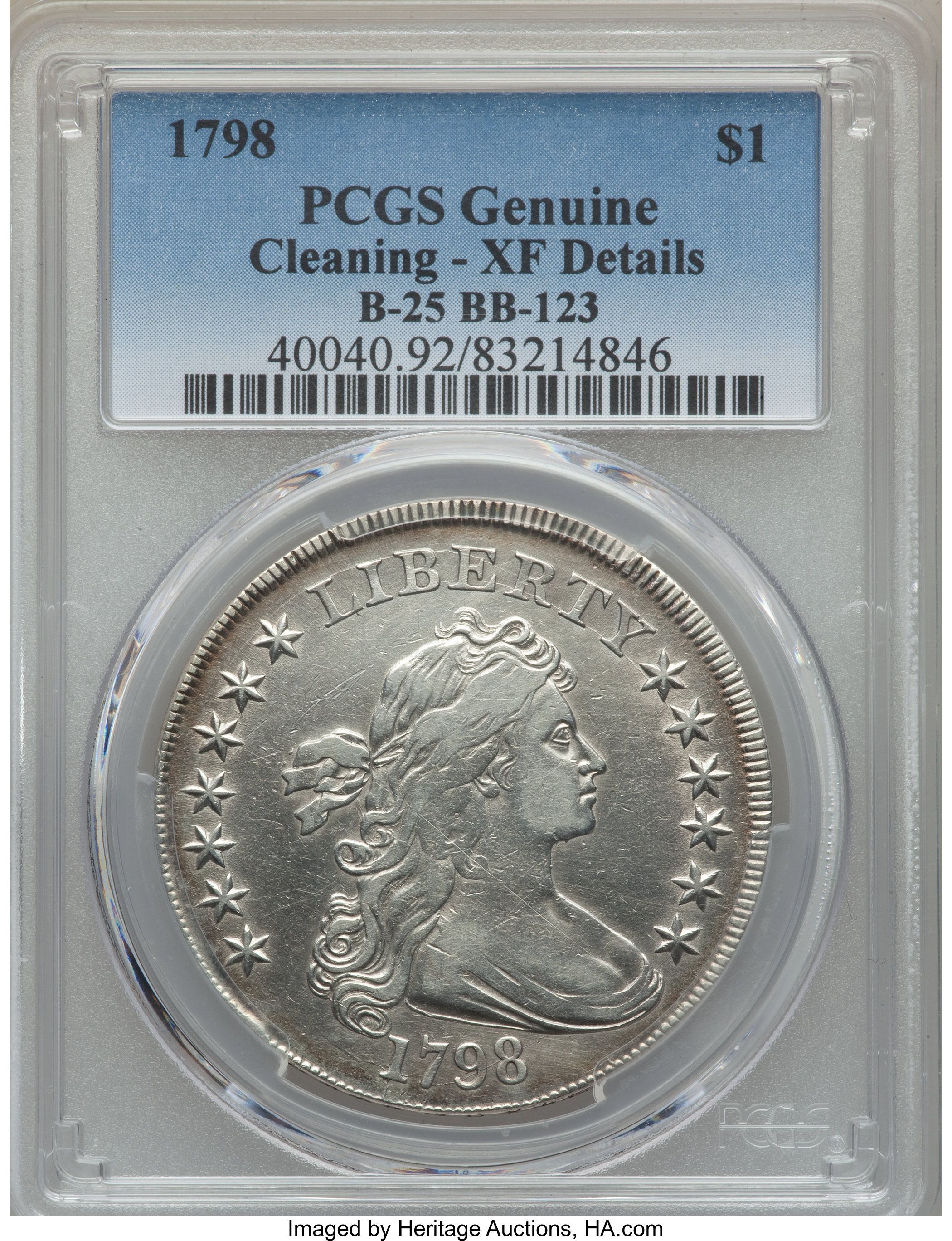 1798 $1 Large Eagle, Pointed 9, Close Date, B-25, BB-123, R.4 -- Cleaning -- Genuine PCGS. XF Details. ...