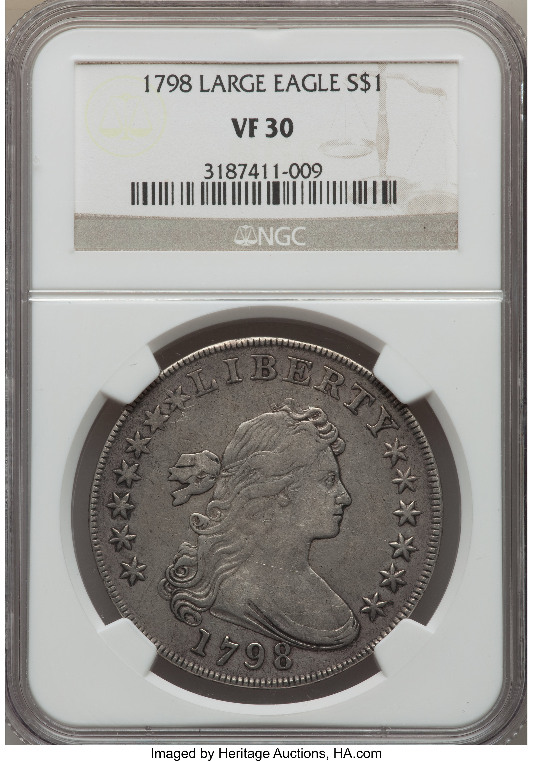1798 $1  Large Eagle, Pointed 9, Wide Date, B-22, BB-104 F15 CAC thumbnail 8