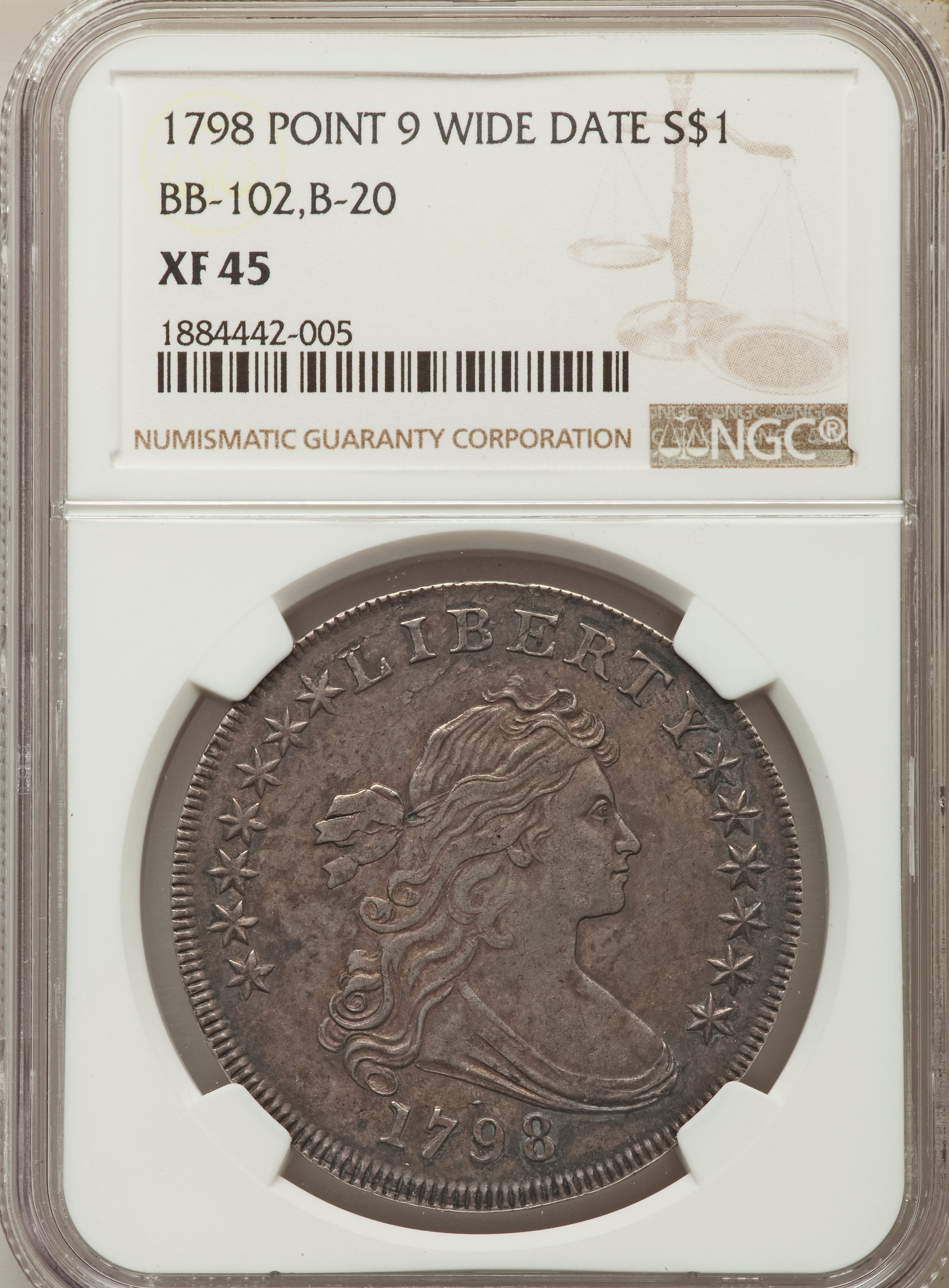 1798 $1  Large Eagle, Pointed 9, Wide Date, B-20, BB-102 XF45 thumbnail 9