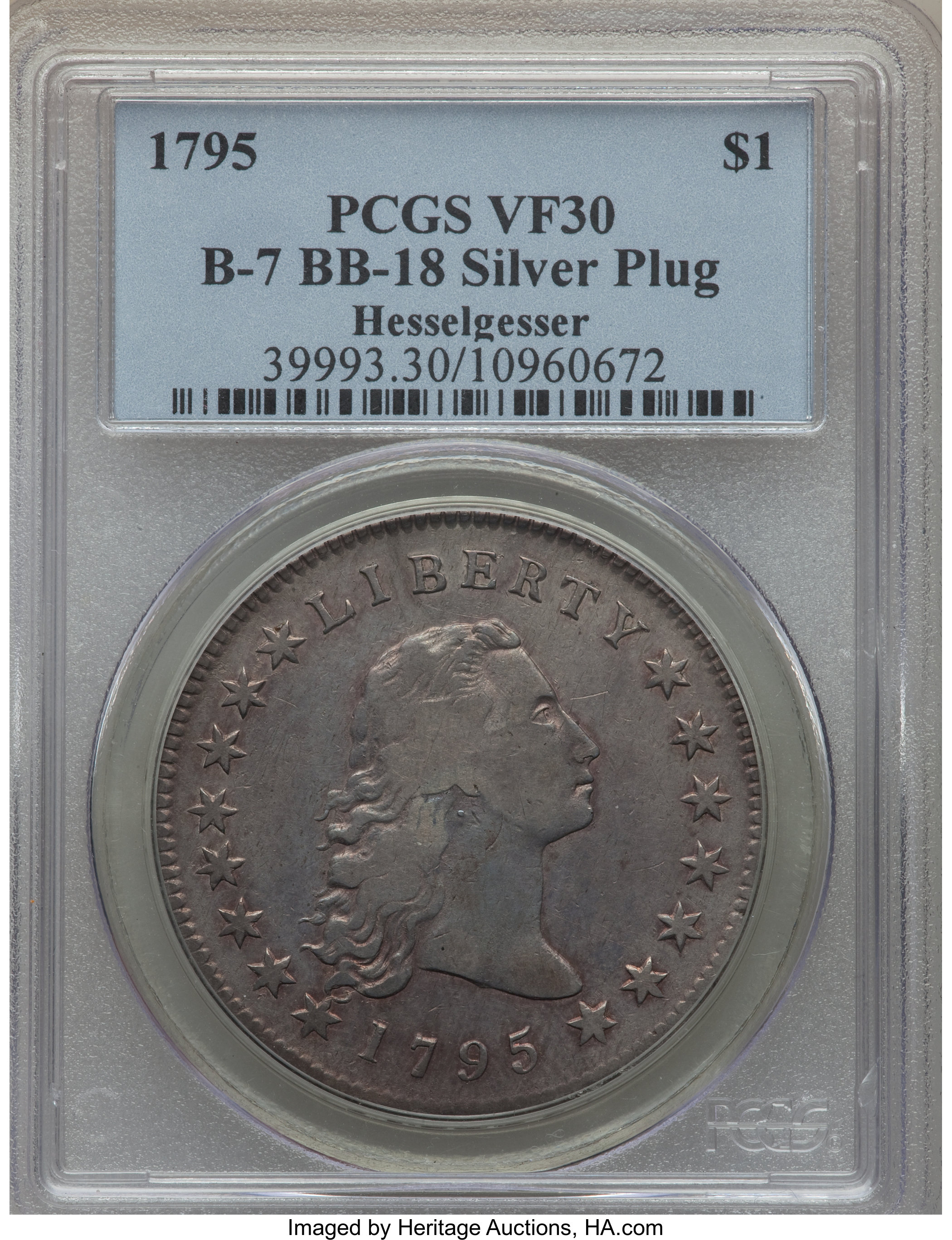 1795 $1  Flowing Hair, Silver Plug, 3 Leaves, B-7, BB-18 VG8 CAC thumbnail 23